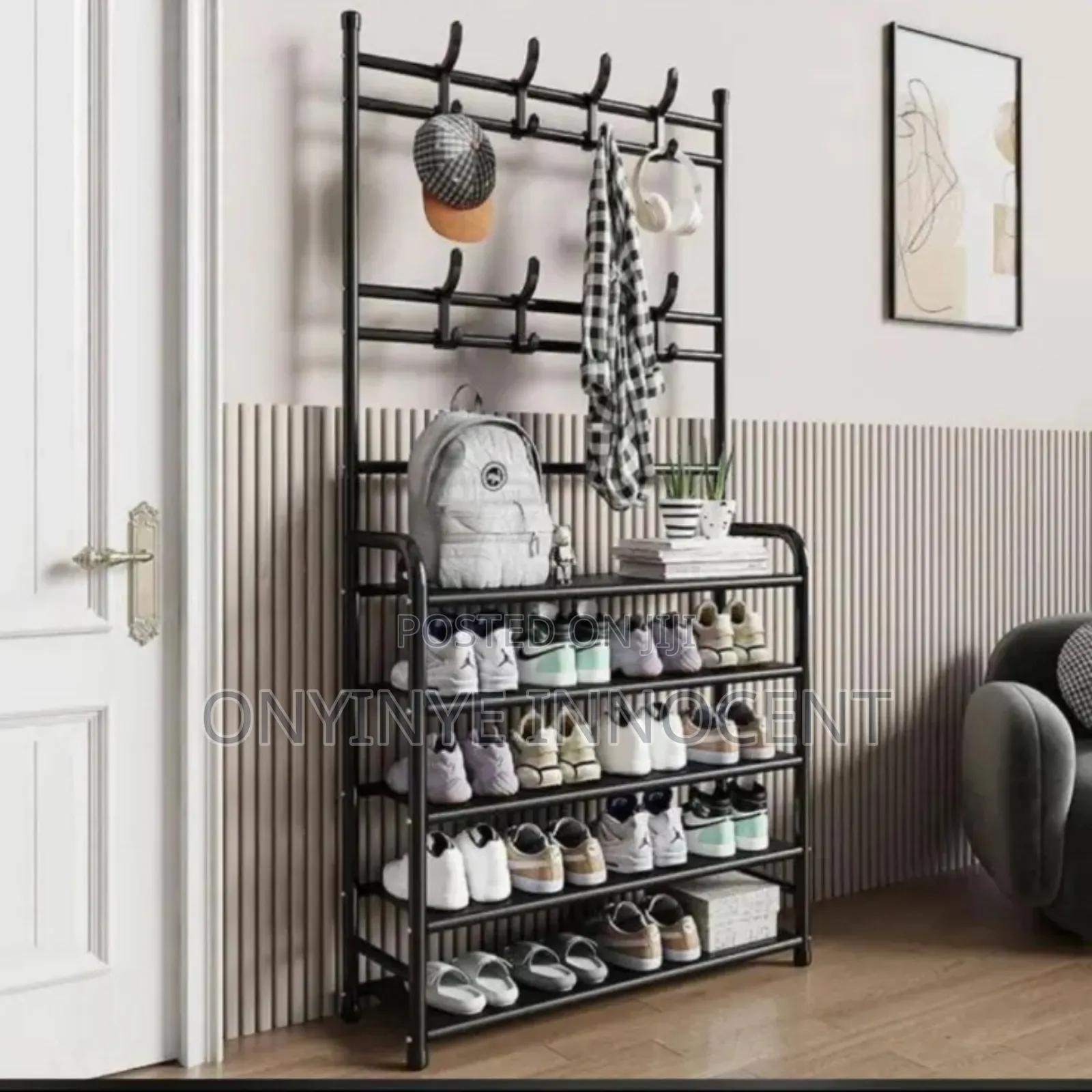 5-Tier Shoe Rack With Coat Hanger Hat Hooks – Black Multi-Rack