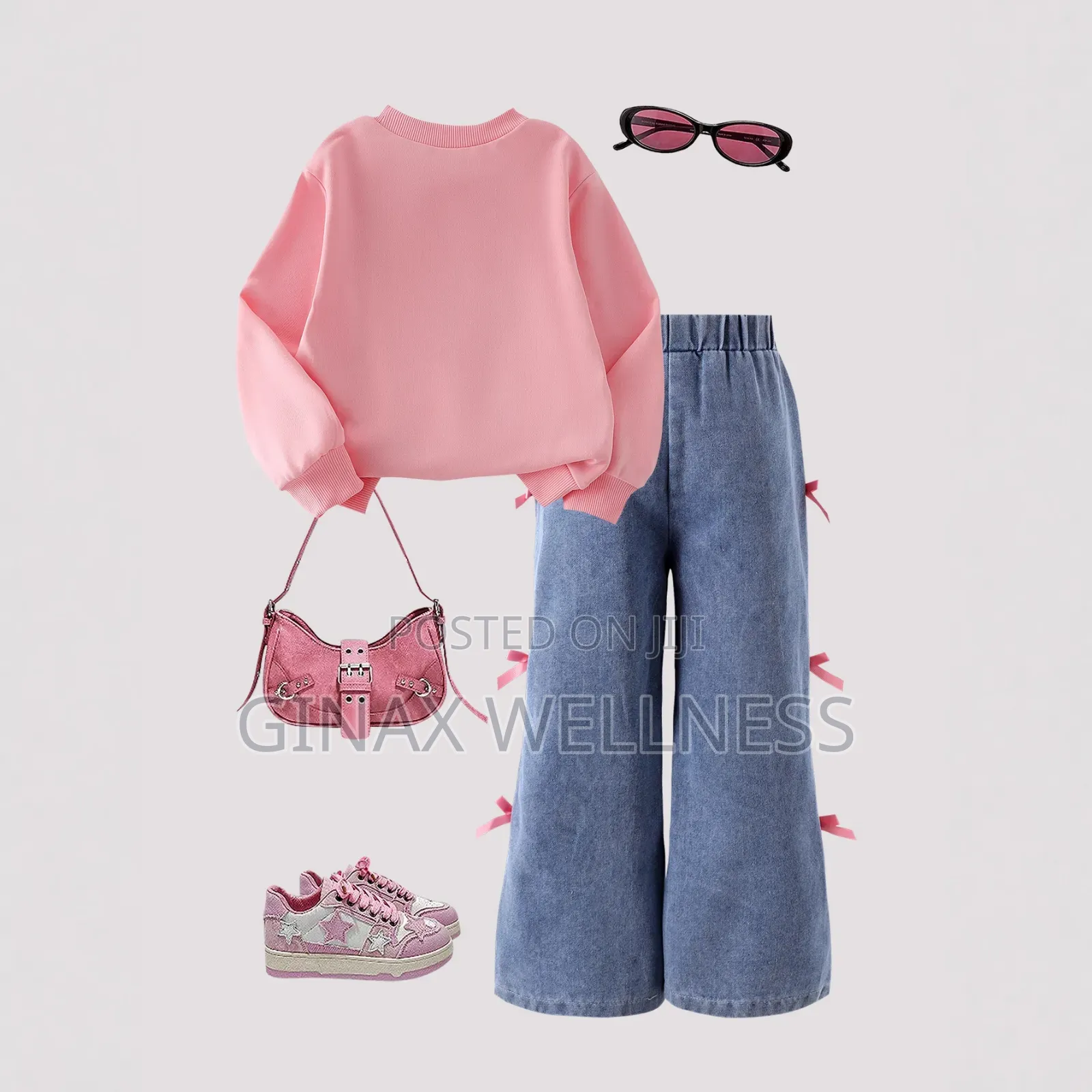 Pink Long-Sleeved Sweatshirt With Flare Jeans Set for Girls