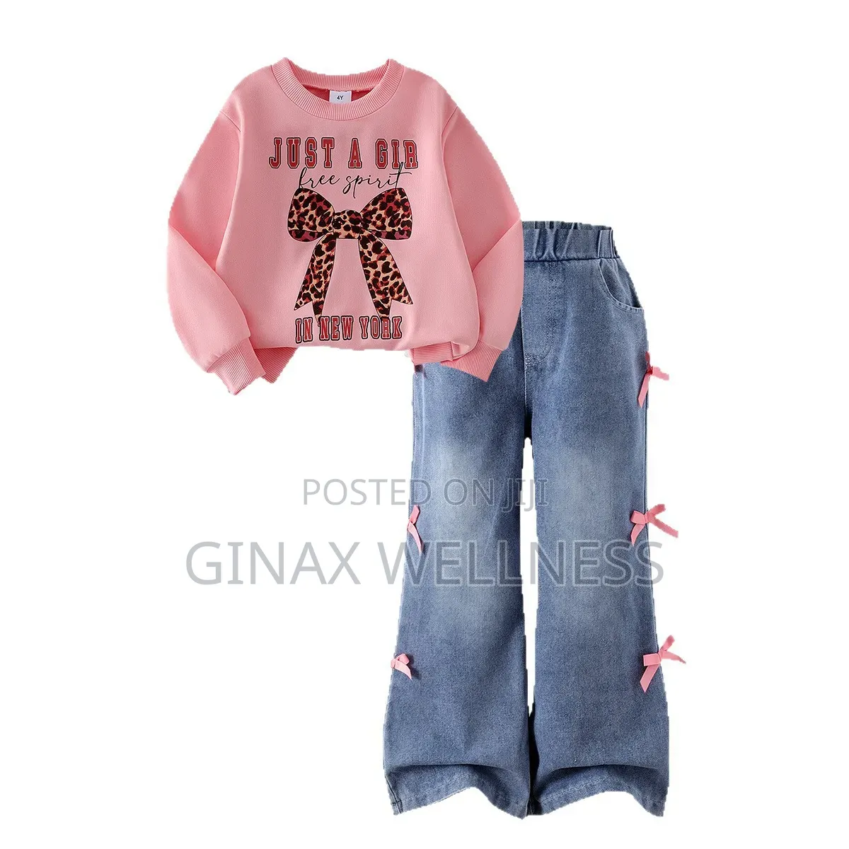 Pink Long-Sleeved Sweatshirt With Flare Jeans Set for Girls