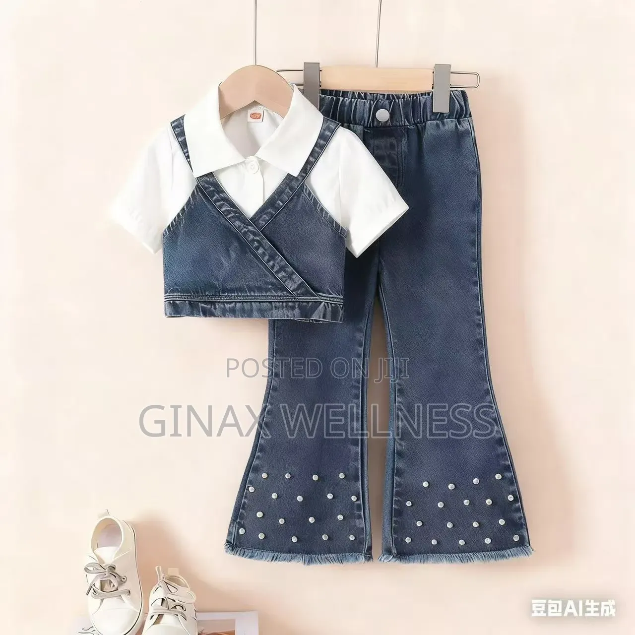 White Shirt With Pearl Flare Jeans and Bralette Top Set for Girls