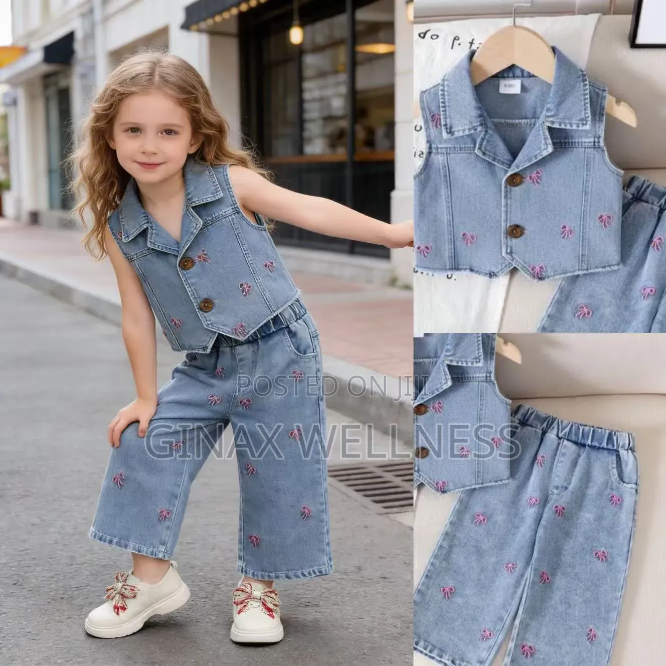 Floral Print Jeans Sleeveless Vest and Wide-Leg Trousers Set for Girls