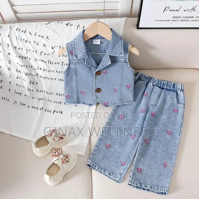 Floral Print Jeans Sleeveless Vest and Wide-Leg Trousers Set for Girls
