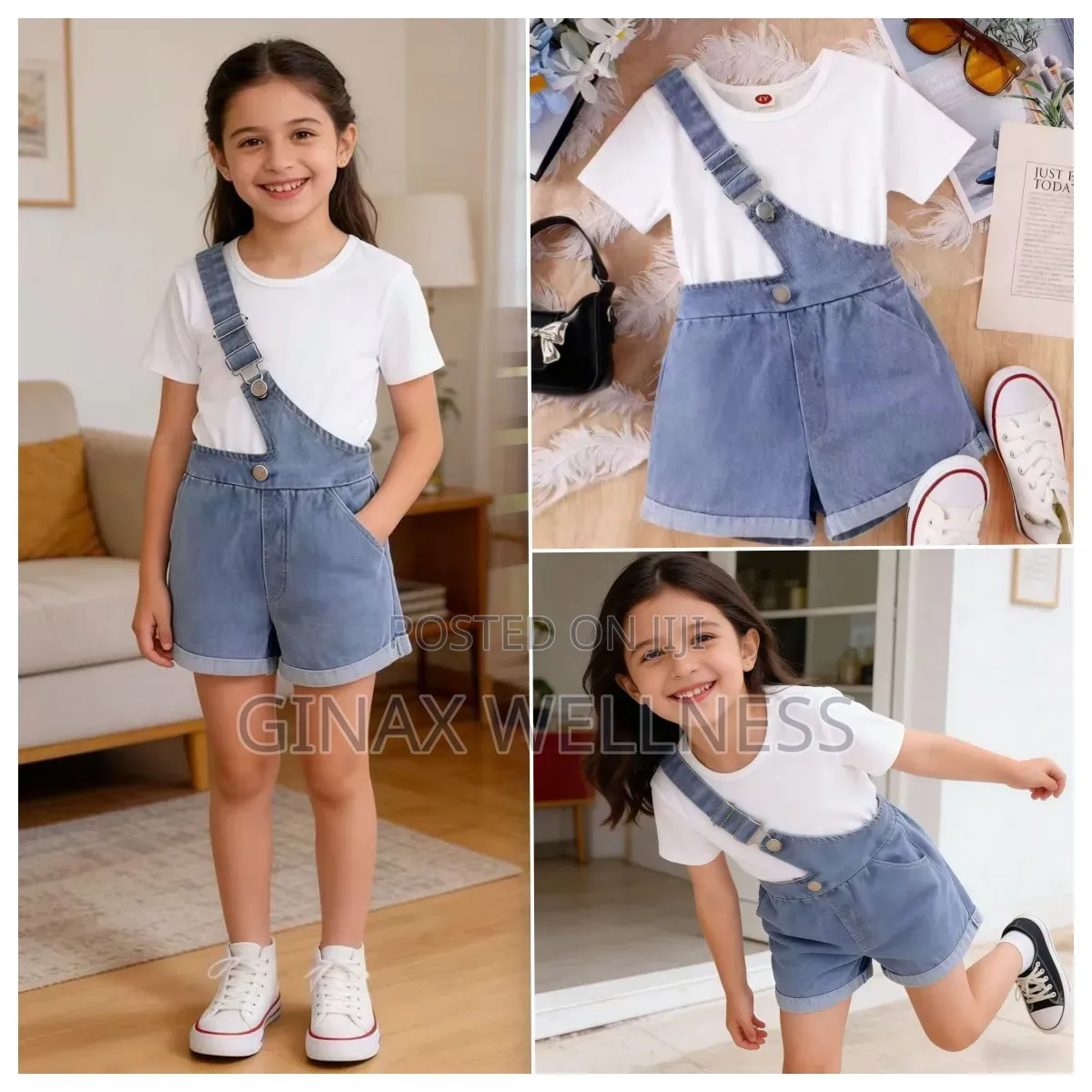 White Short-Sleeved Top With Crossbody Jeans Overalls Shorts for Girls