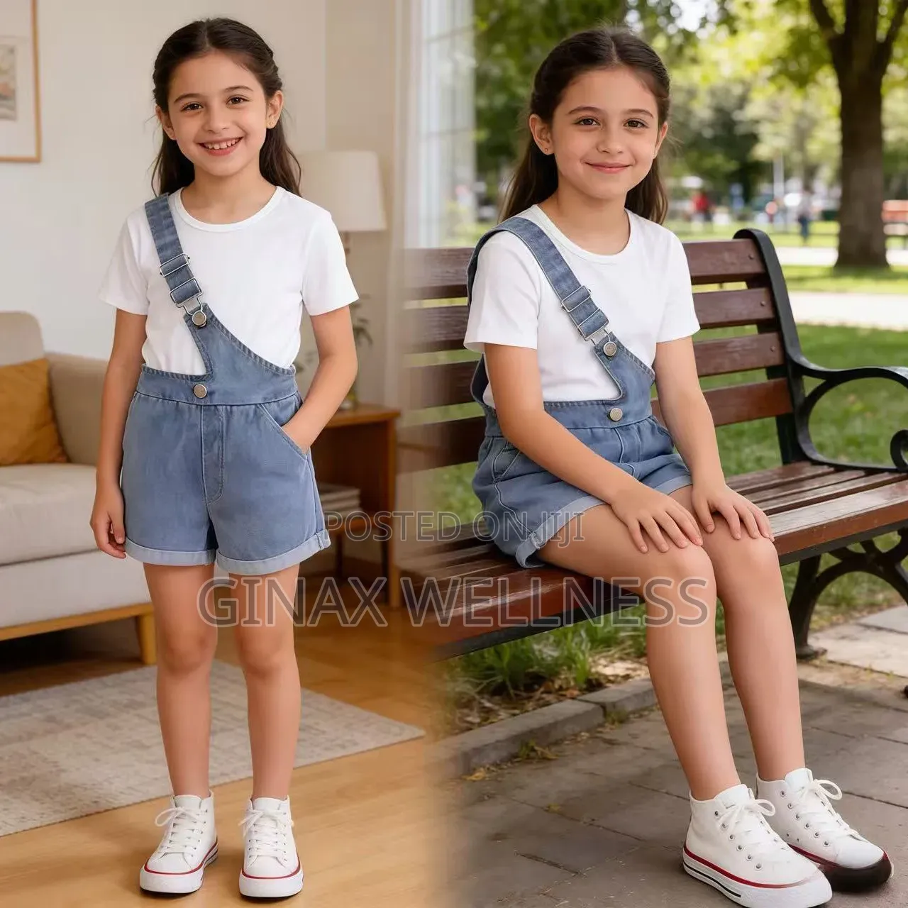 White Short-Sleeved Top With Crossbody Jeans Overalls Shorts for Girls