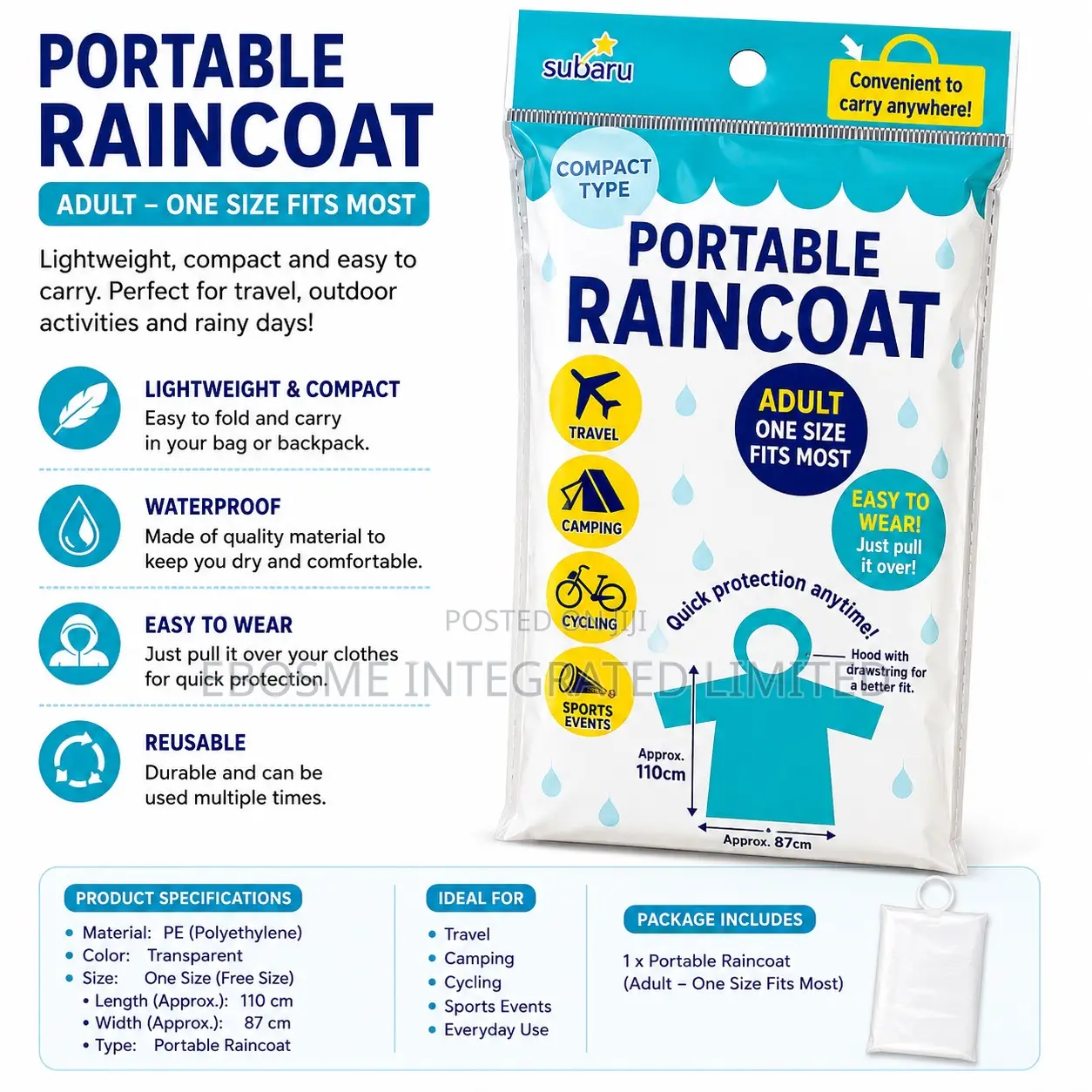 Portable Adult Raincoat – Lightweight Waterproof Emergency Rain Wear