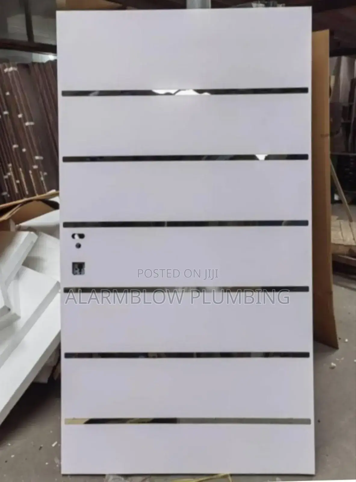 White Madrid Israeli Security Door With Sleek Horizontal Steel Inlays