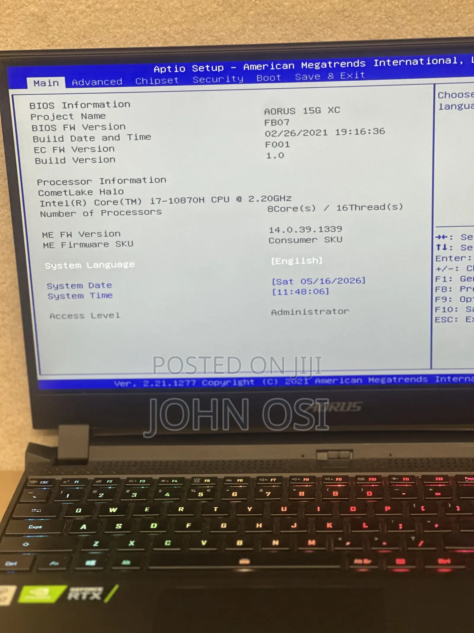 Laptop Gigabyte AORUS 15G 32GB Intel Core 7 SSD 32GB