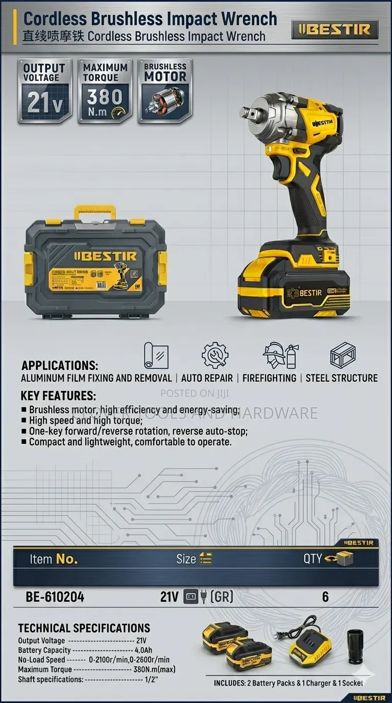 Iibestir 21v Brushless Impact Wrench 380n.M Be-610204