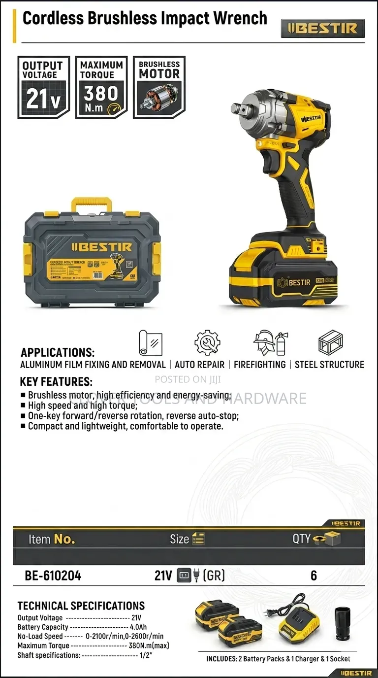 Iibestir 21v Brushless Impact Wrench 380n.M Be-610204