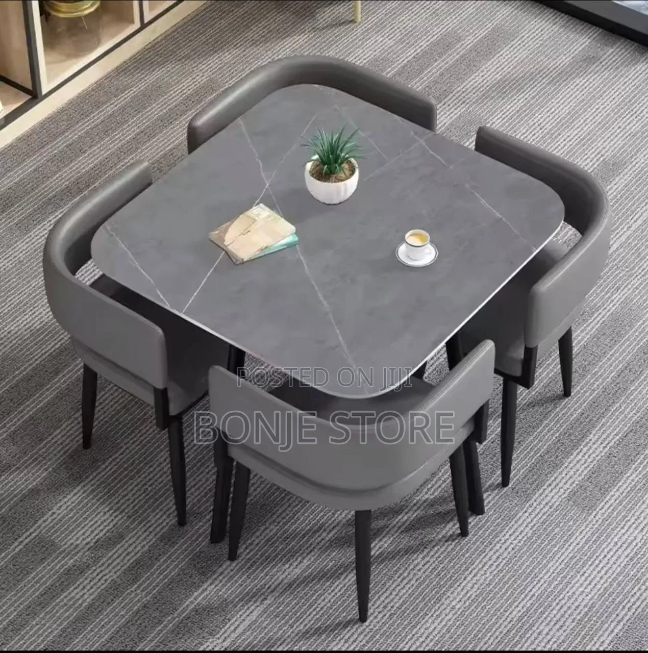 Classy Compact Marble Top 4 Seater Dining Set With Leather Chairs