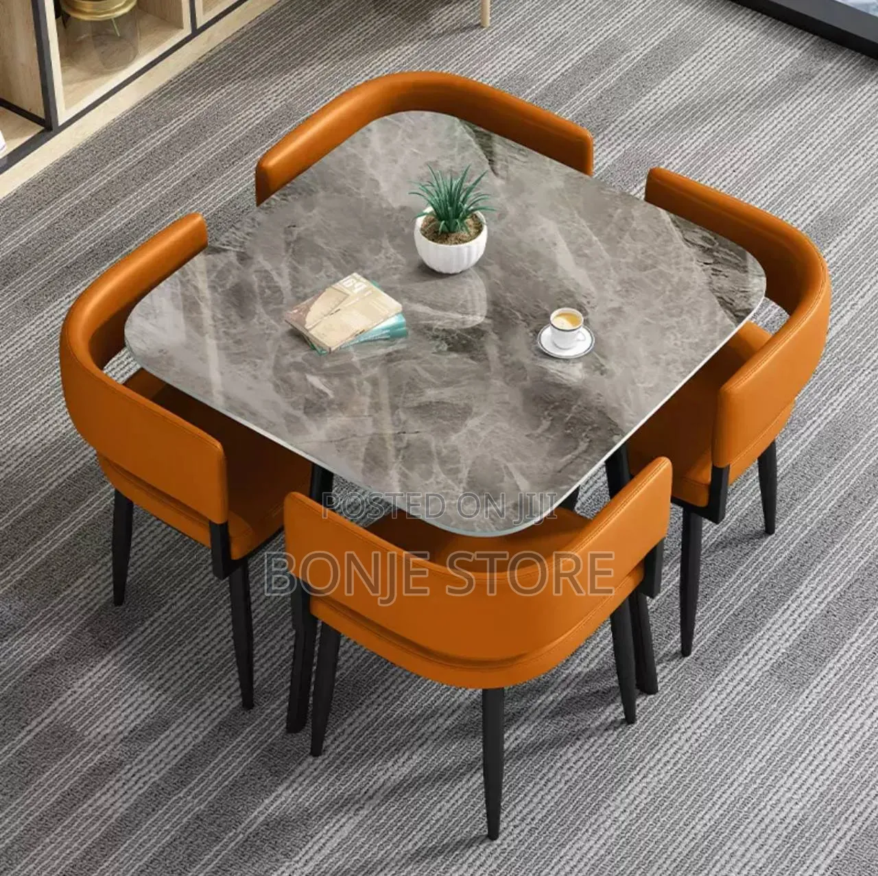 Classy Compact Marble Top 4 Seater Dining Set With Leather Chairs