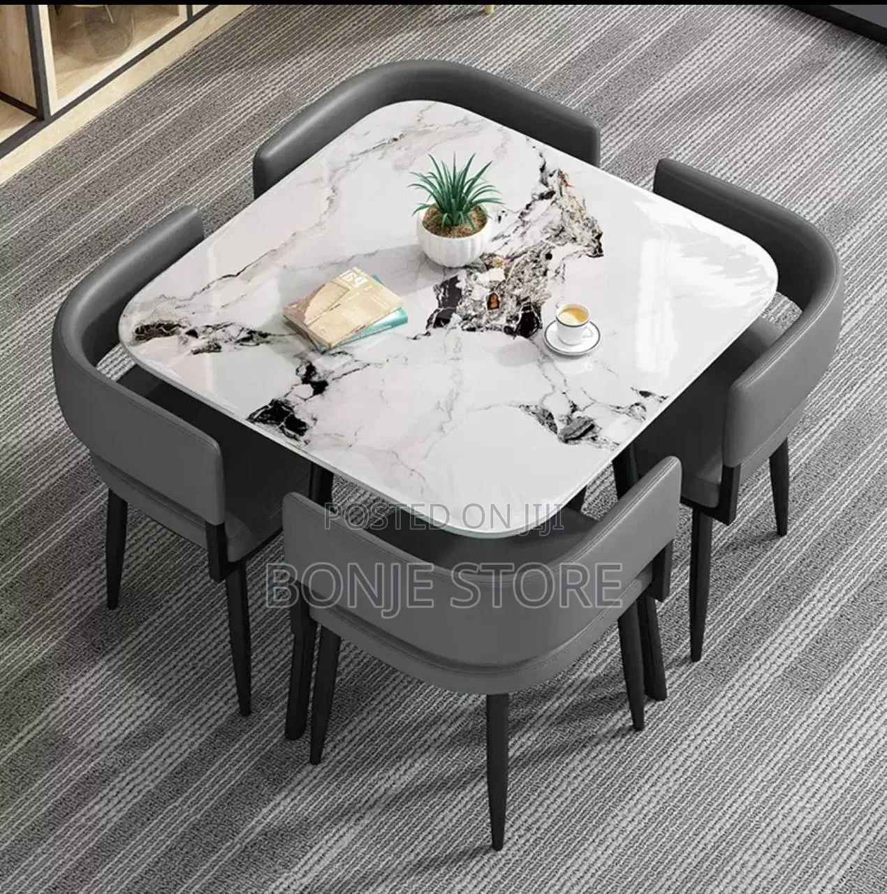 Classy Compact Marble Top 4 Seater Dining Set With Leather Chairs