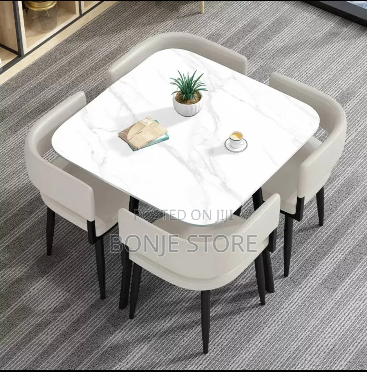 Classy Compact Marble Top 4 Seater Dining Set With Leather Chairs