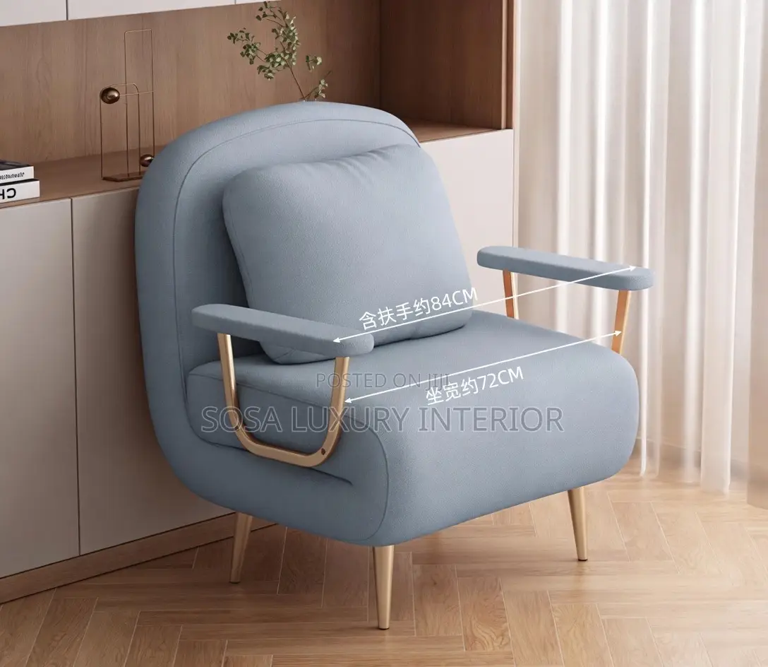 Modern Light Blue Curved Accent Armchair With Gold Arms