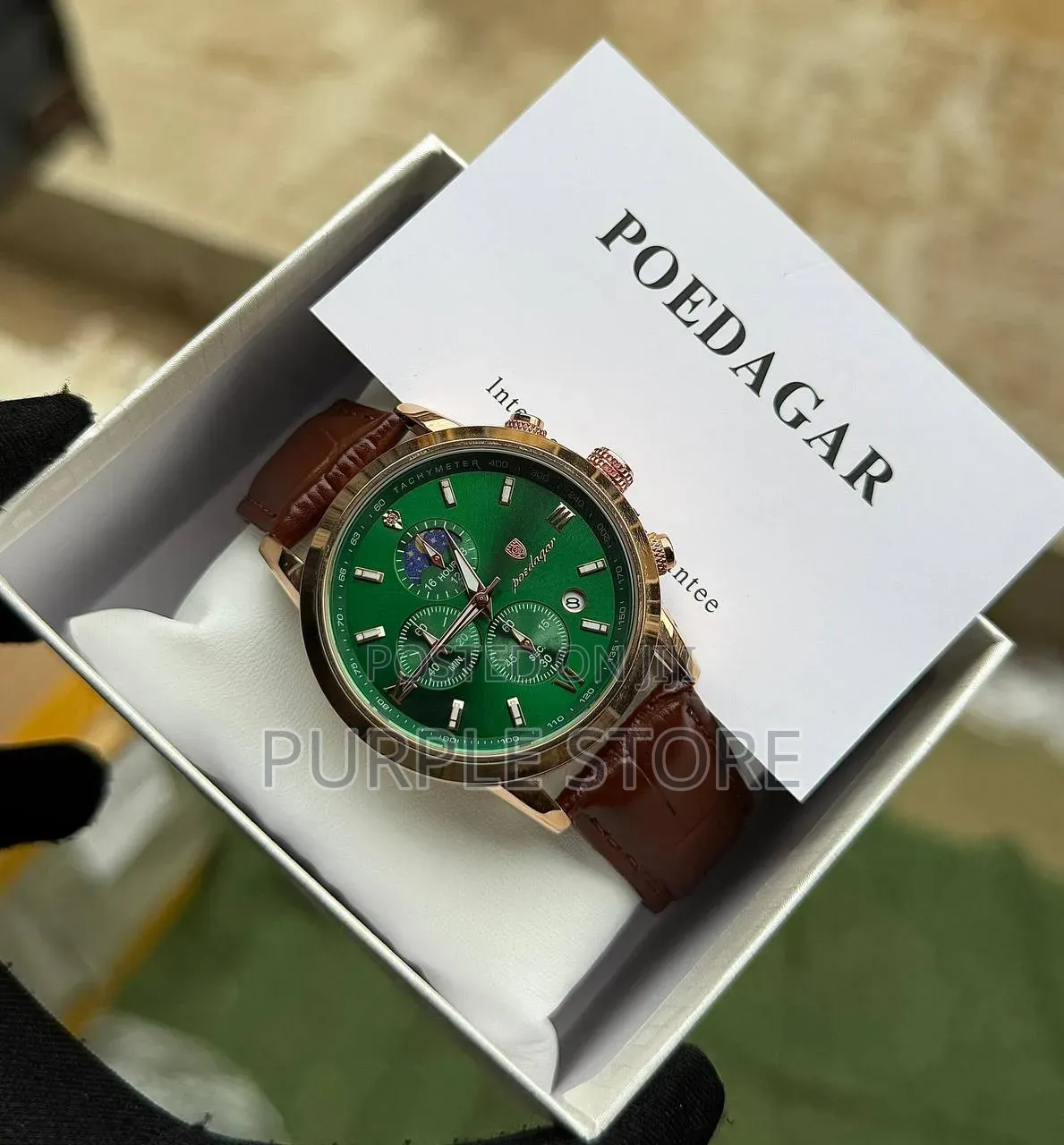 Poedagar Leather Functional Chronograph Watch in Black and Brown Color
