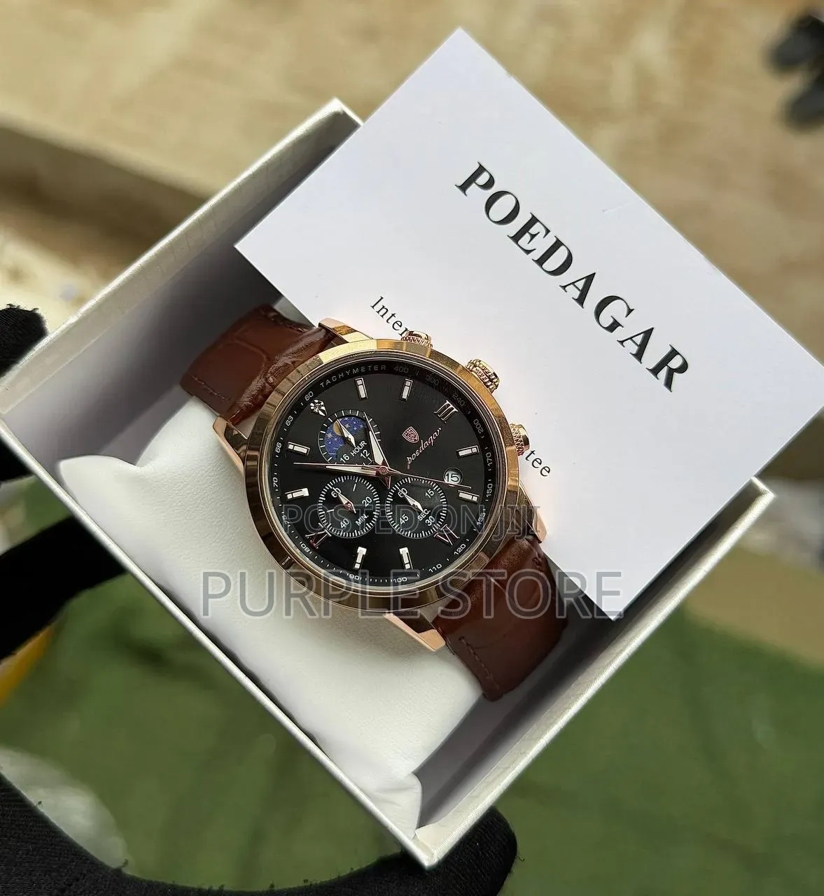 Poedagar Leather Functional Chronograph Watch in Black and Brown Color