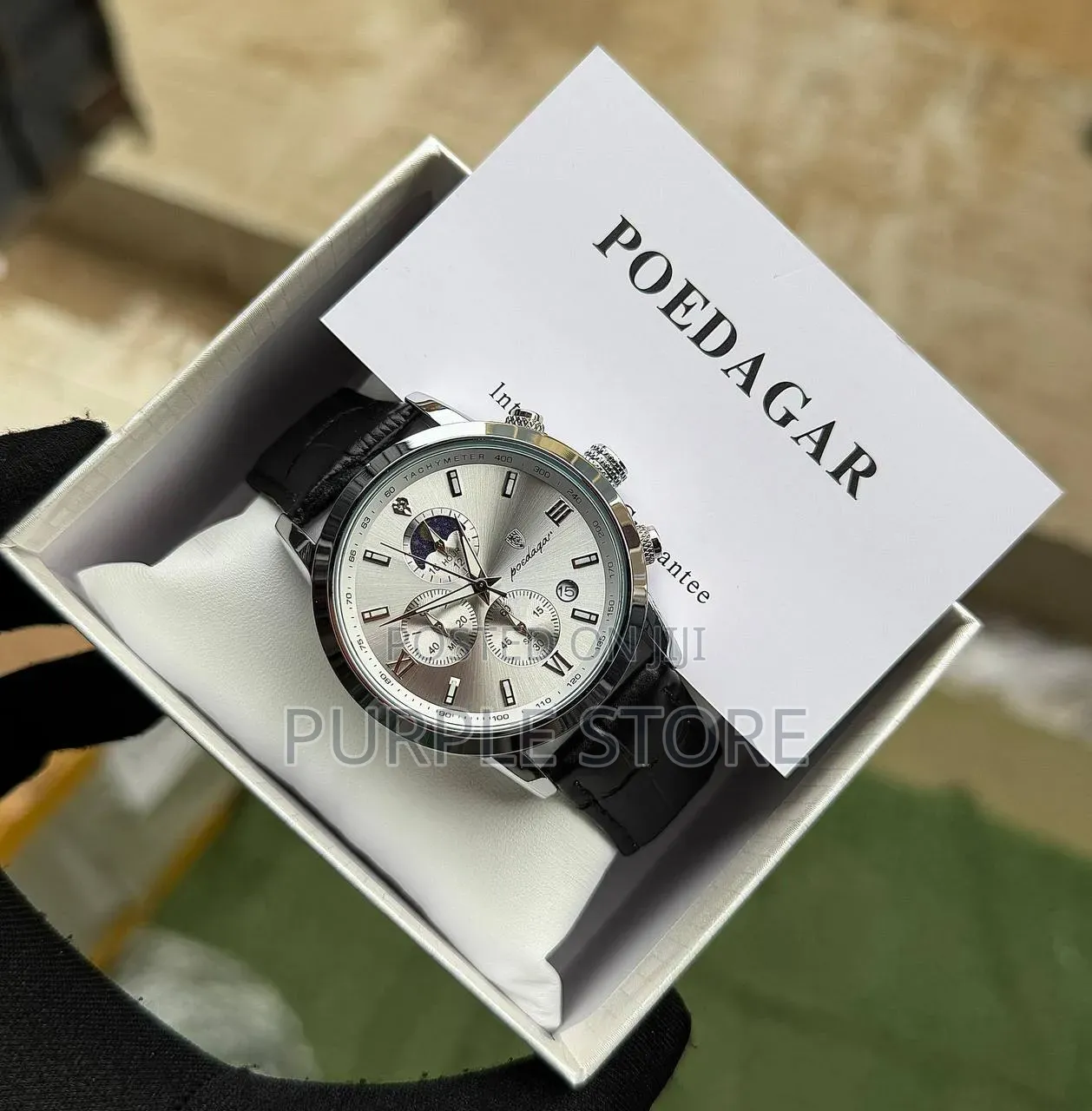Poedagar Leather Functional Chronograph Watch in Black and Brown Color