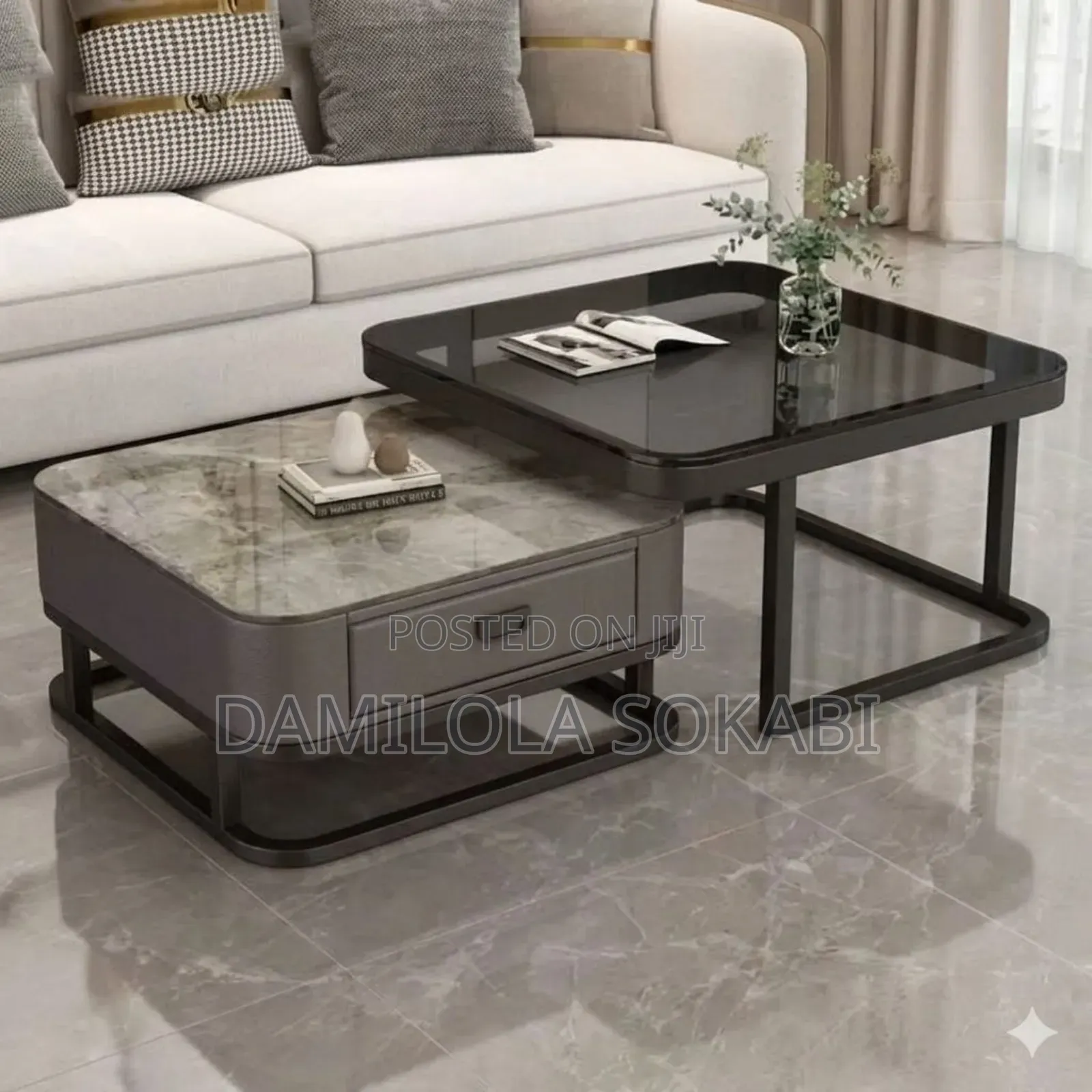 2 Set Real Marble Center Table With Drawer