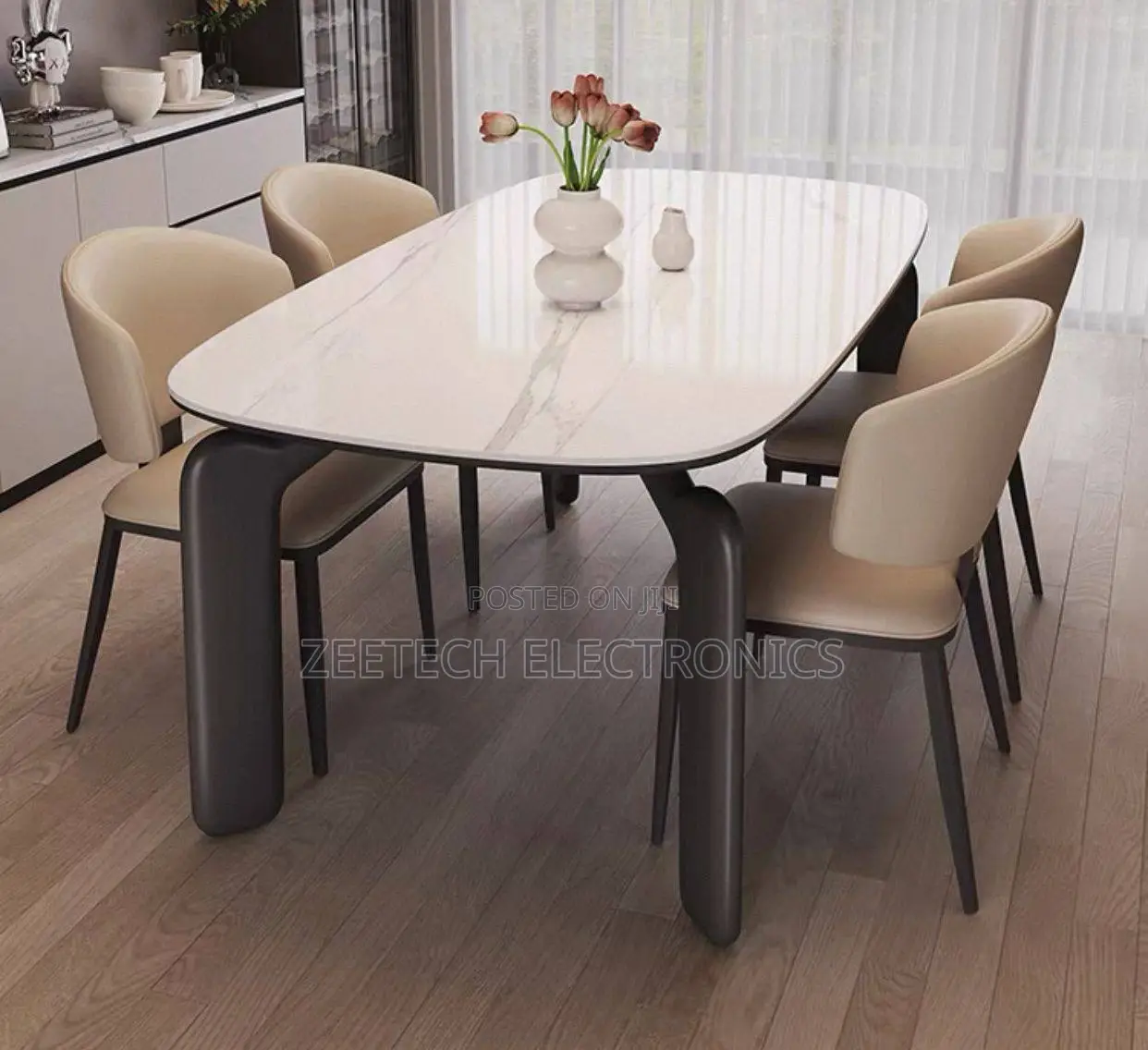 Modern Dining Set Featurin a White Faux Marble Table Beige Upholstered