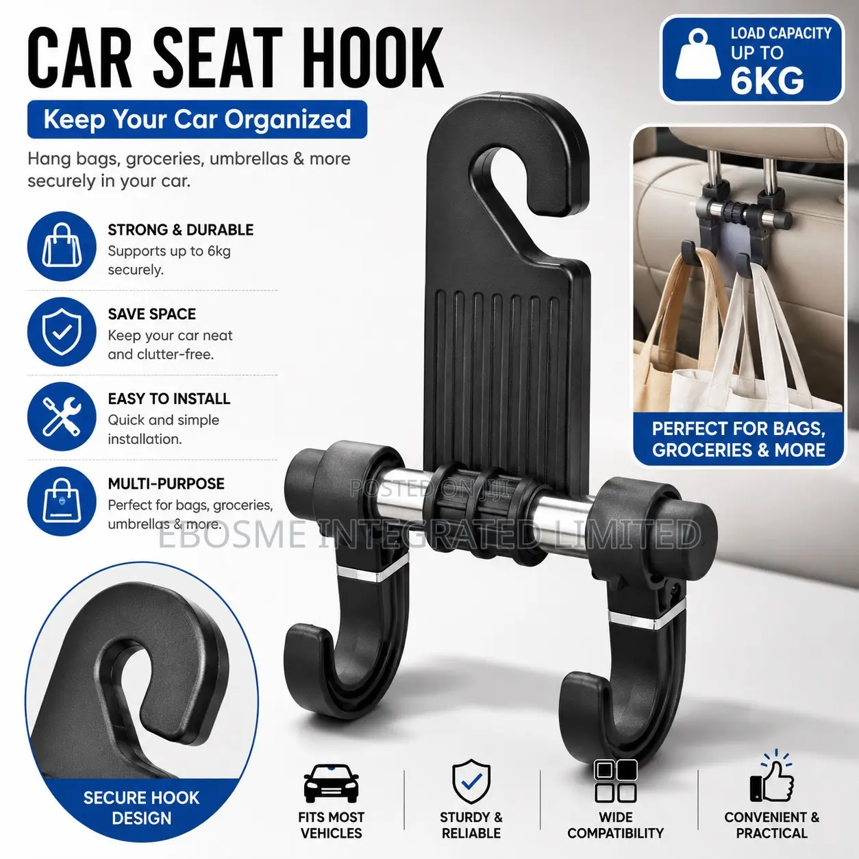 Car Seat Hook – Heavy Duty Car Headrest Organizer