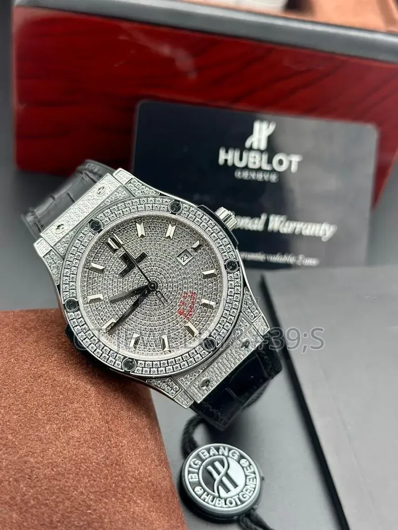 Hublot Luxury Iced Out Wristwatch Stone Dial Case, Leather Strap,Boxed