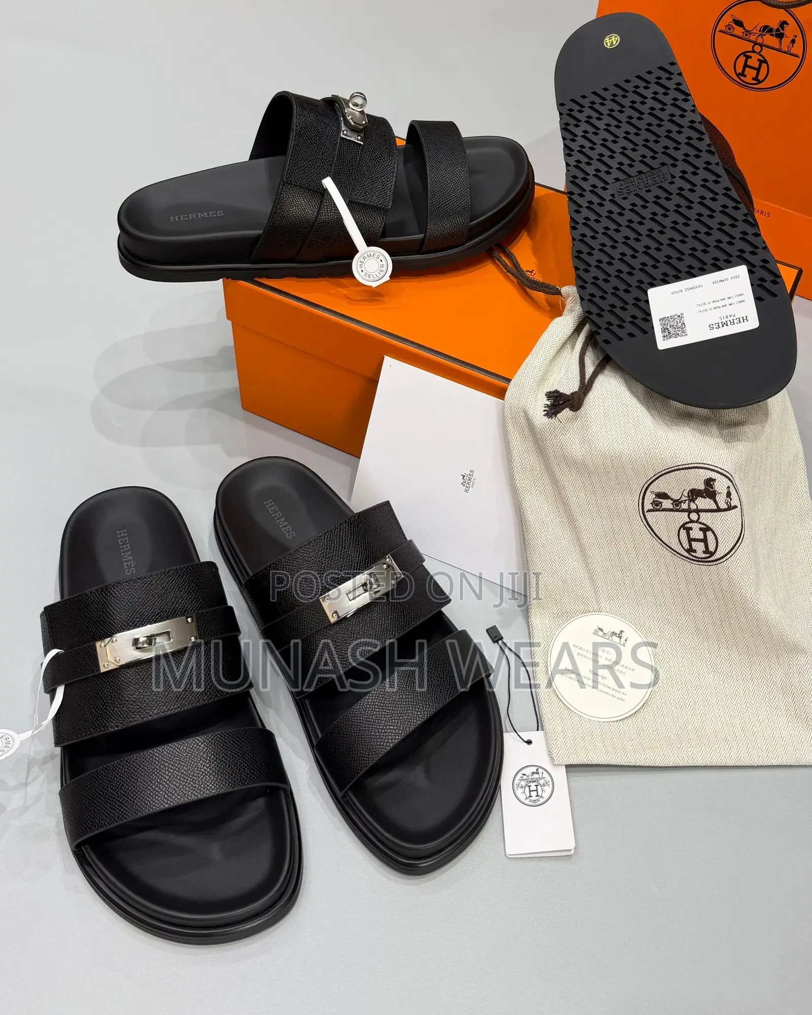 Hermes Calfskin Leather Slipers 40-46 Black