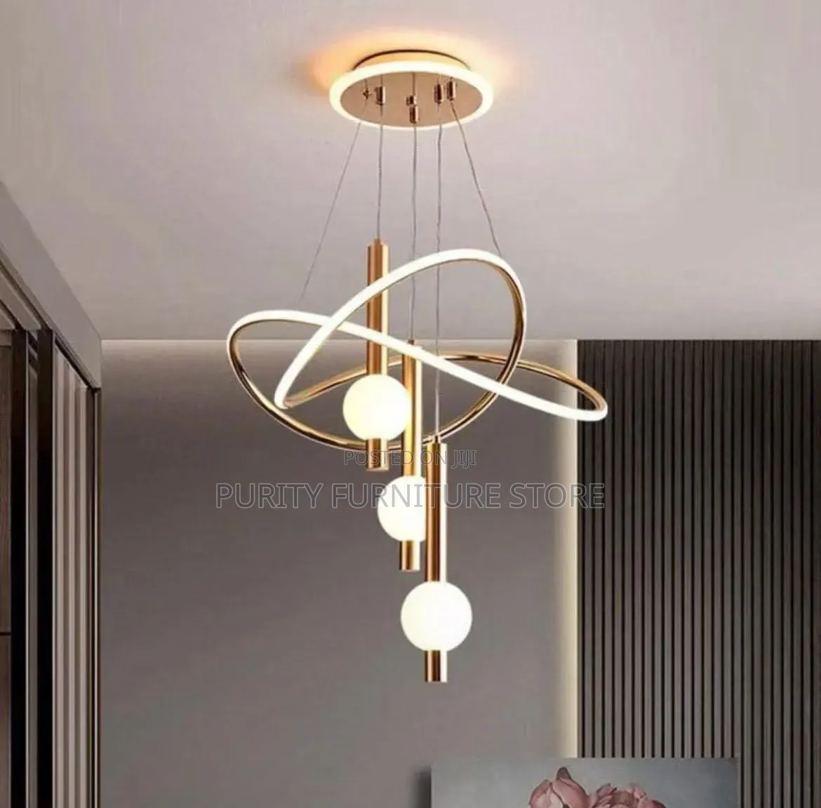 Modern Luxury Gold Led Ring Chandelier With Three Glass Orb Drops