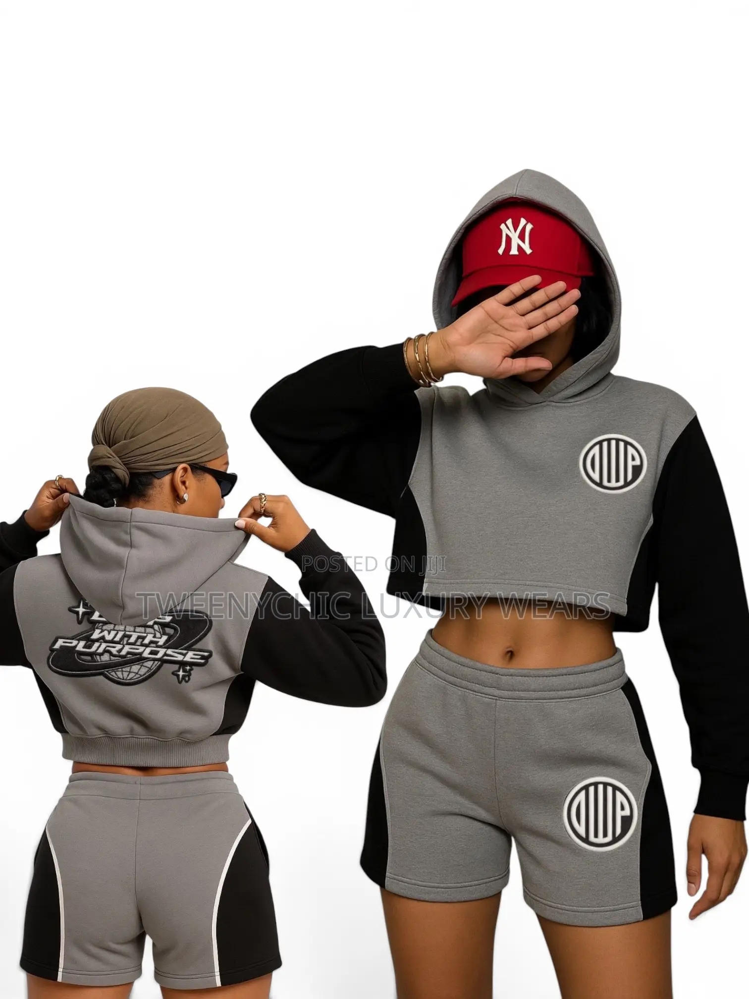 Premium DWP Cropped Hoodie Shorts Set - Grey/Black