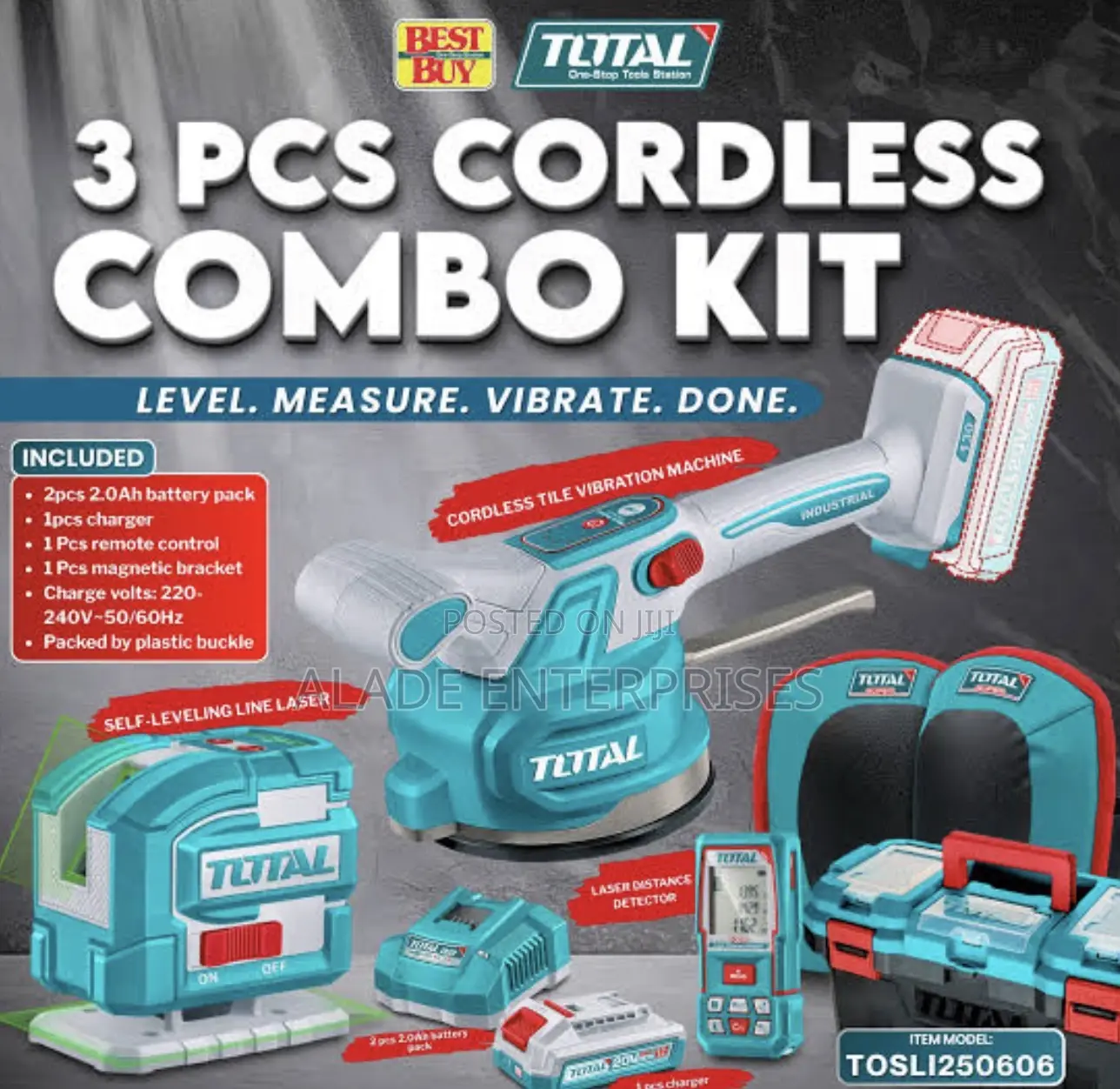 3pcs Tiling Combo Kit 5 Lines Laser Level 100m Tape, Tile Vibrating