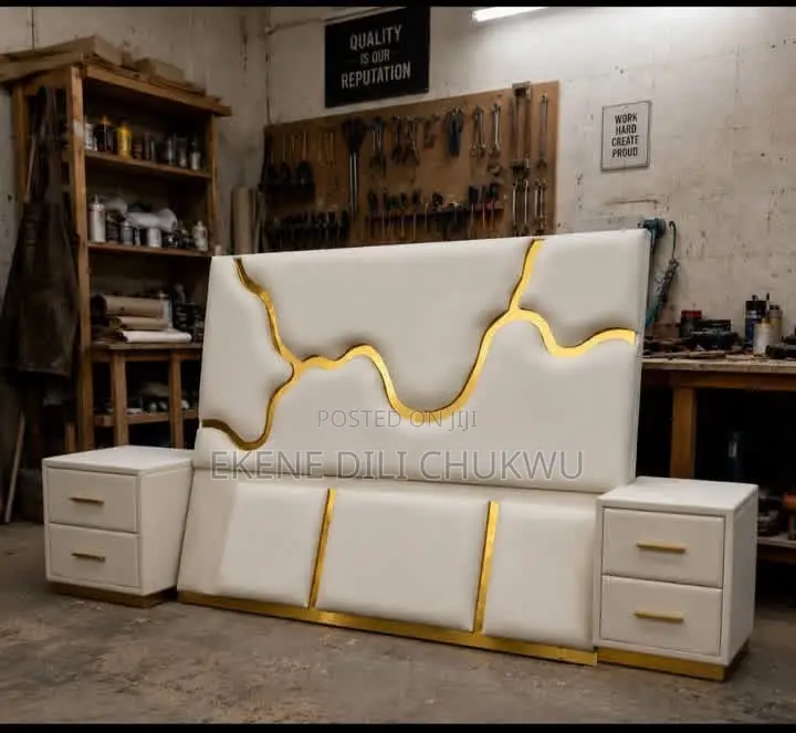 Luxury Modern Upholstered Bed Frame With Gold Accent Design