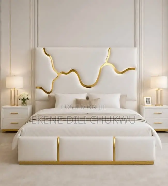 Luxury Modern Upholstered Bed Frame With Gold Accent Design