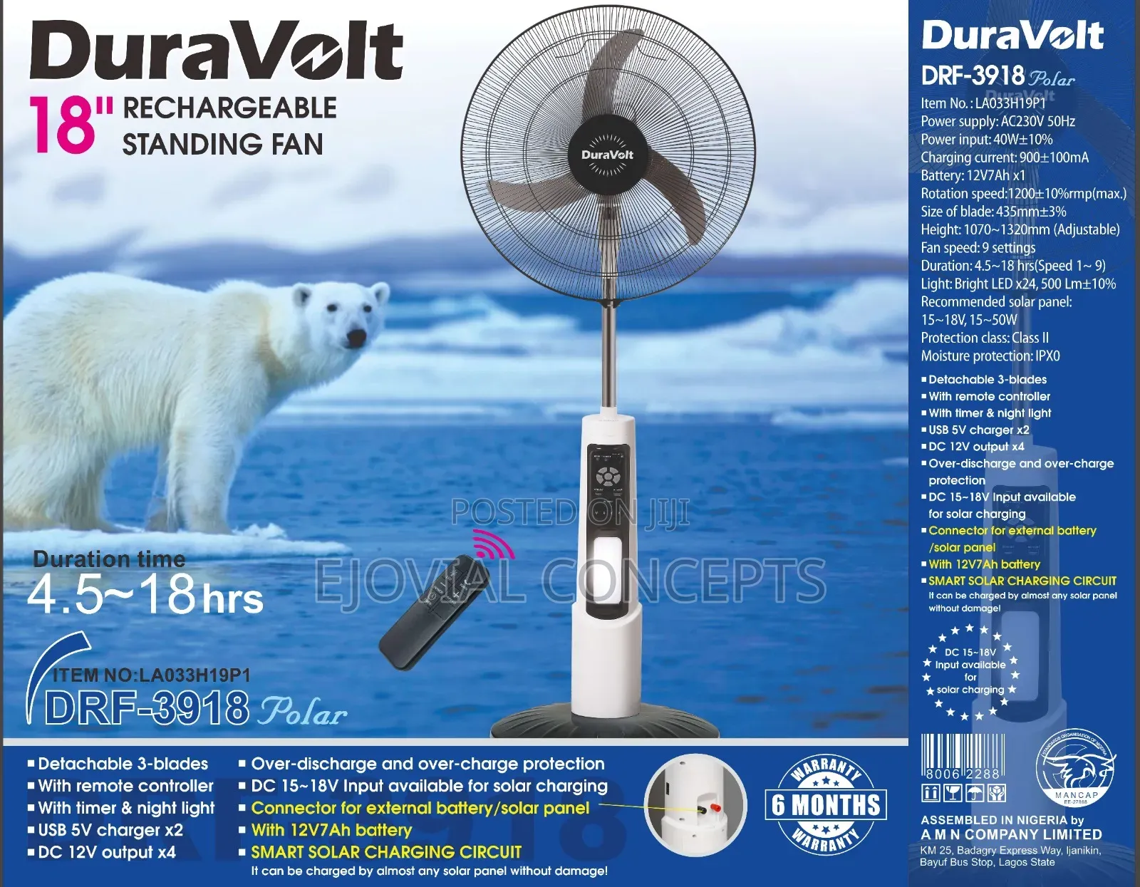 Duravolt 18" Rechargeable Standing Fan (Drf-3918 Polar)
