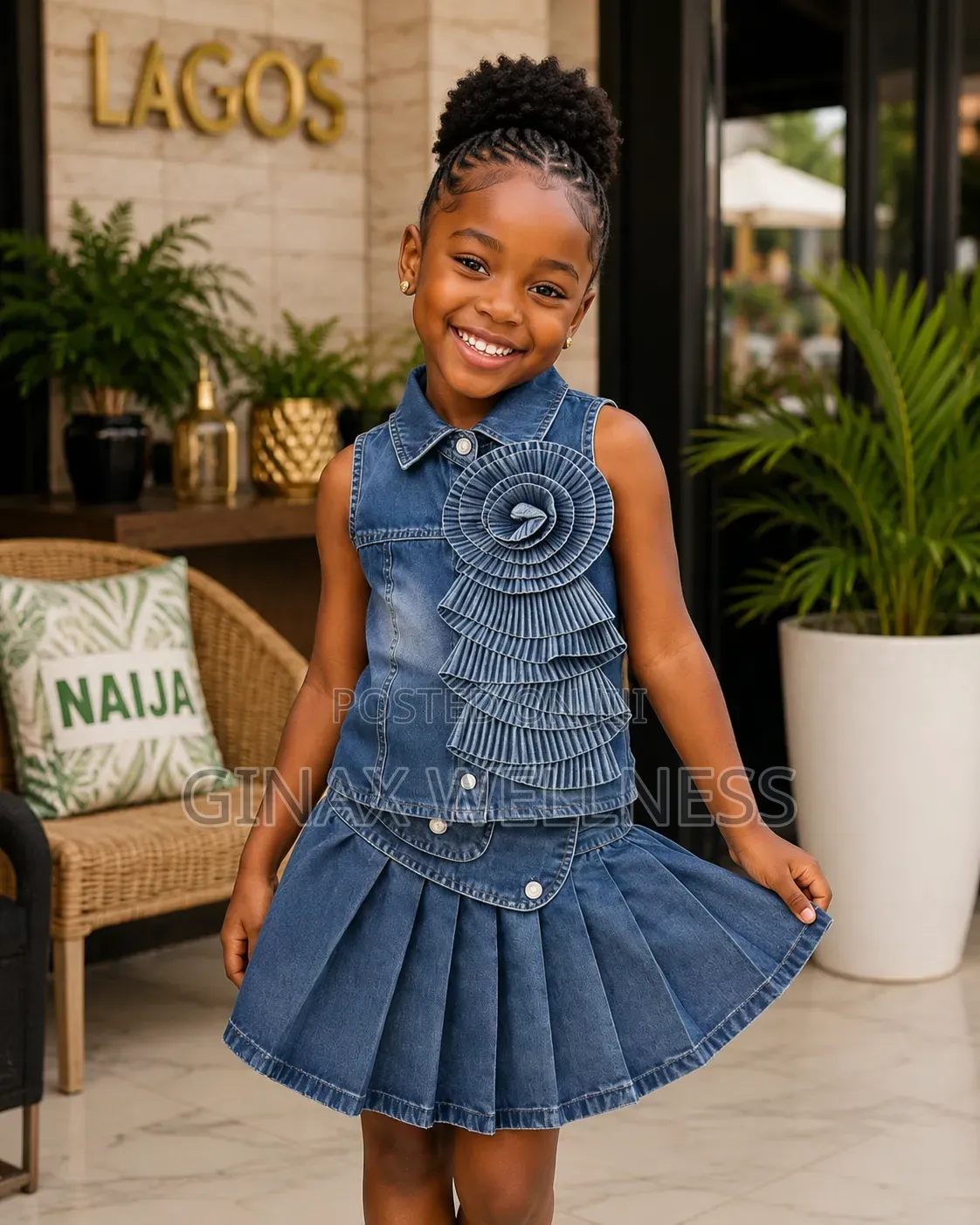Retro Sleeveless Jeans Top and Pleated Skirt Set for Girls