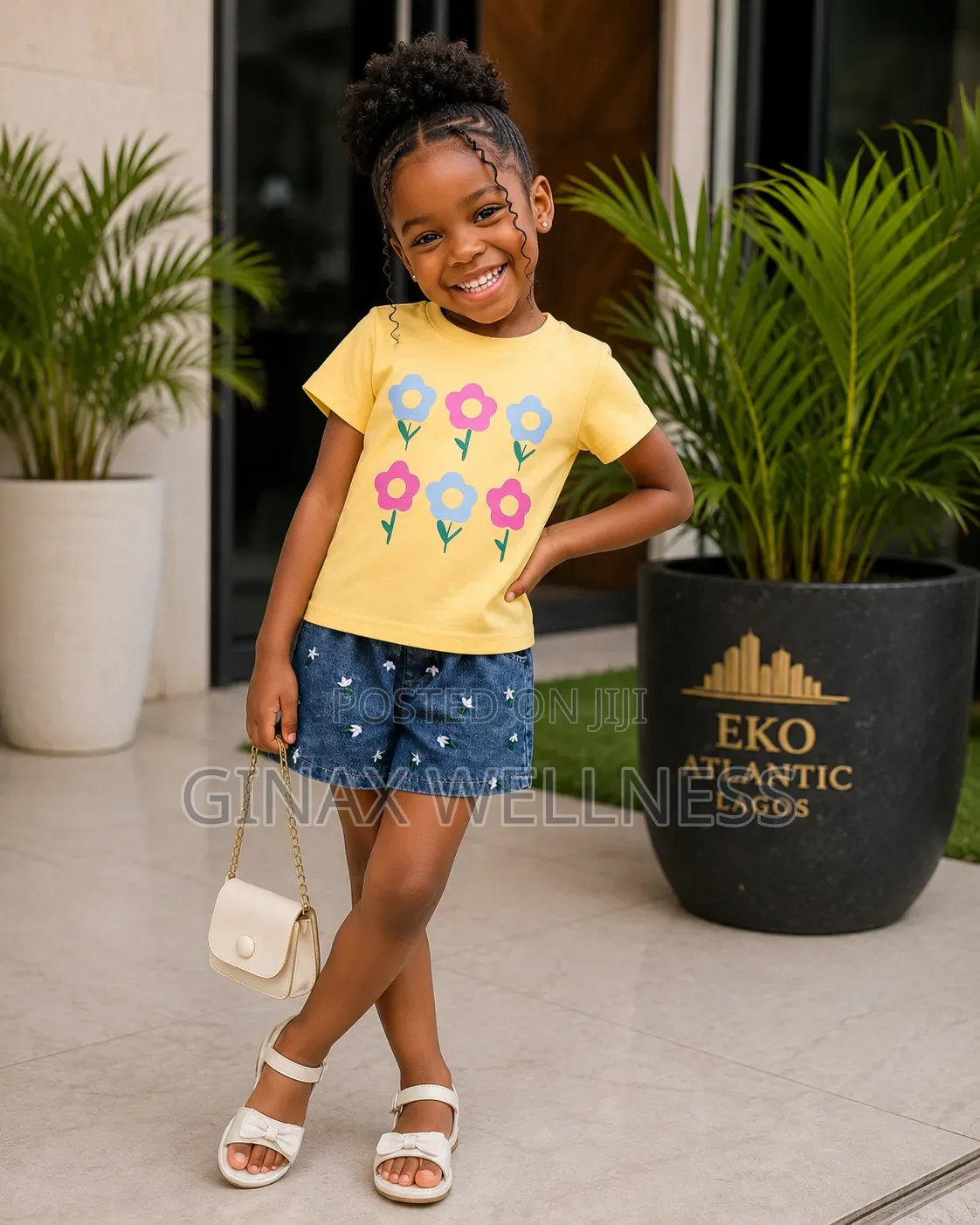 Yellow Short-Sleeved T-Shirt With Jeans Shorts Set for Girls