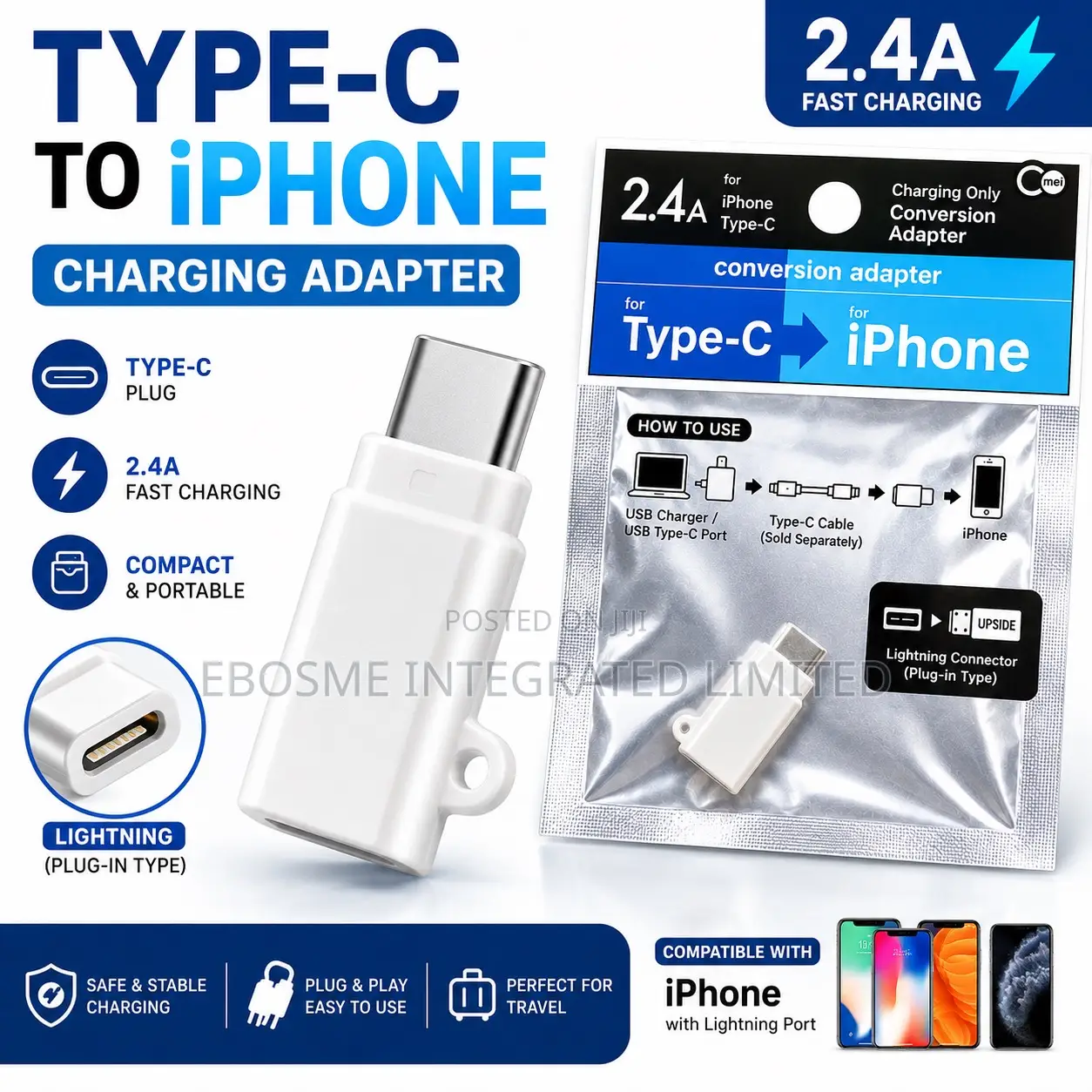 Type-C to iPhone Lightning Charging Adapter – 2.4a Fast Charging