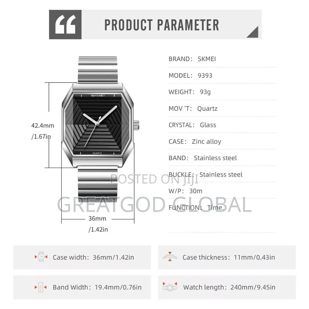 Skmei Watch Analog Display Textured Glass Dial Black Face Silver Chain