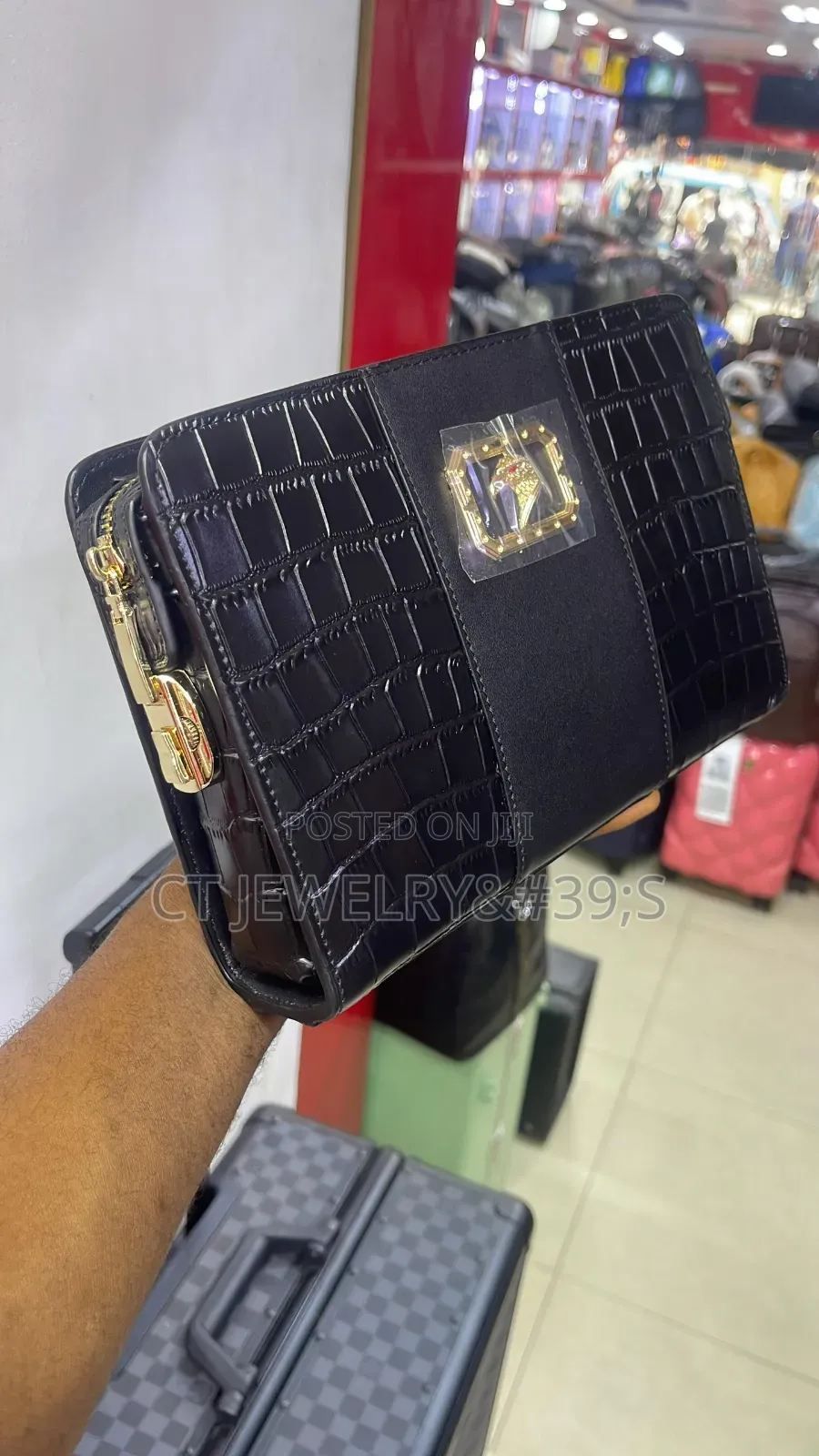 Luxury Men's Clutch Bag Black Quilted Leather, Gold Emblem, Wristlet