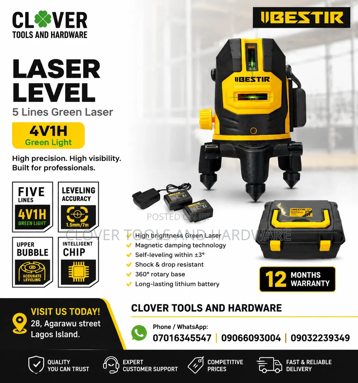 Iibestir Laser Level – 5 Lines / 4v1h 0~7m With Tripod Stand 1.2m