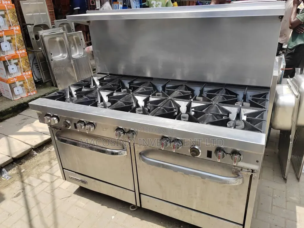 Heavy-Duty Commercial Stainless Steel 10 Burner Gas Cooker and 2 Ovens