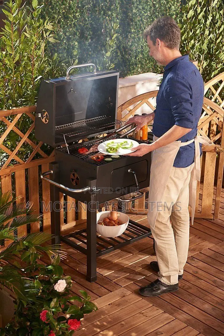 BBQ Smokeless Barbecue Charcoal Grill Trolley With Side Table