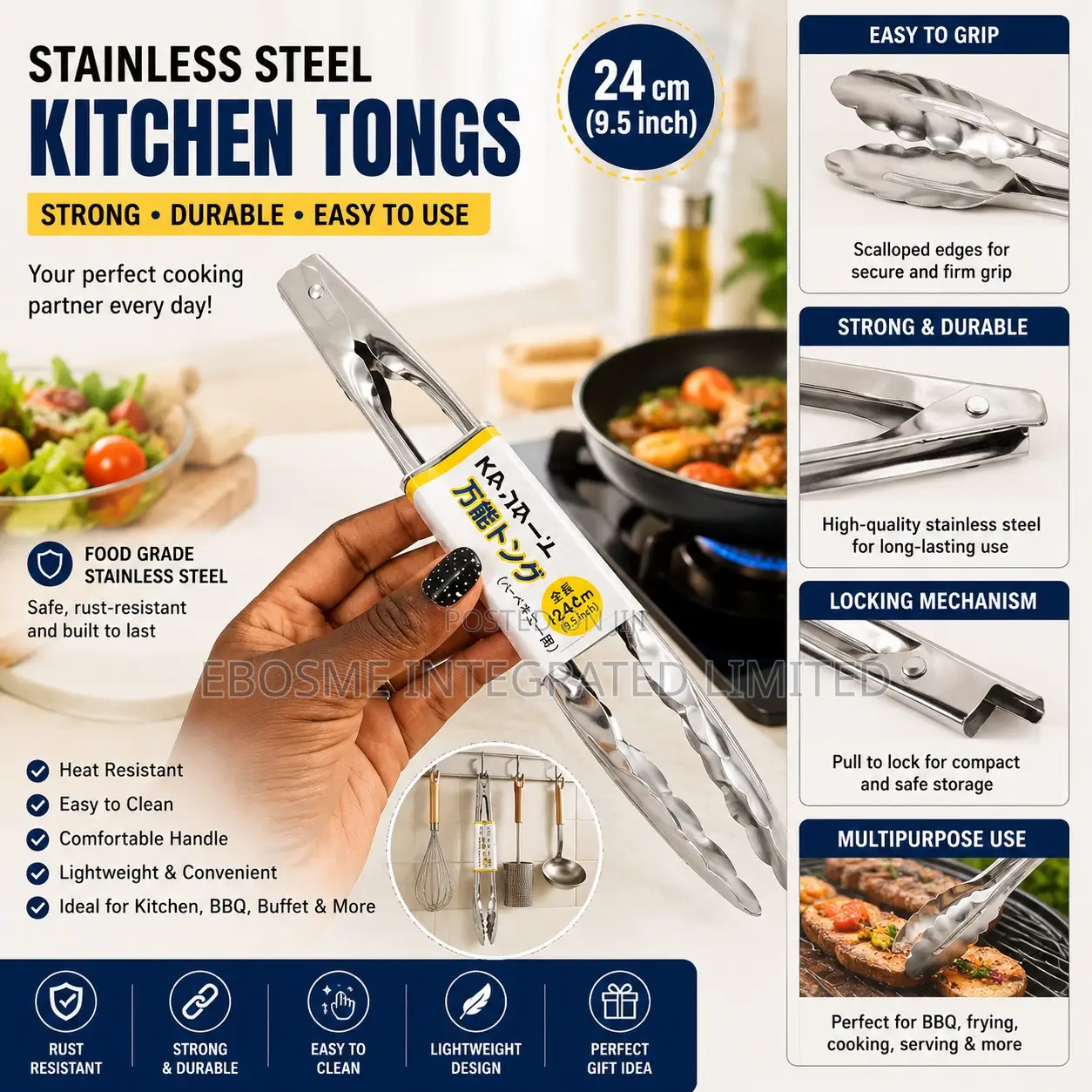 Stainless Steel Kitchen Tongs – 24cm Cooking Serving Tong