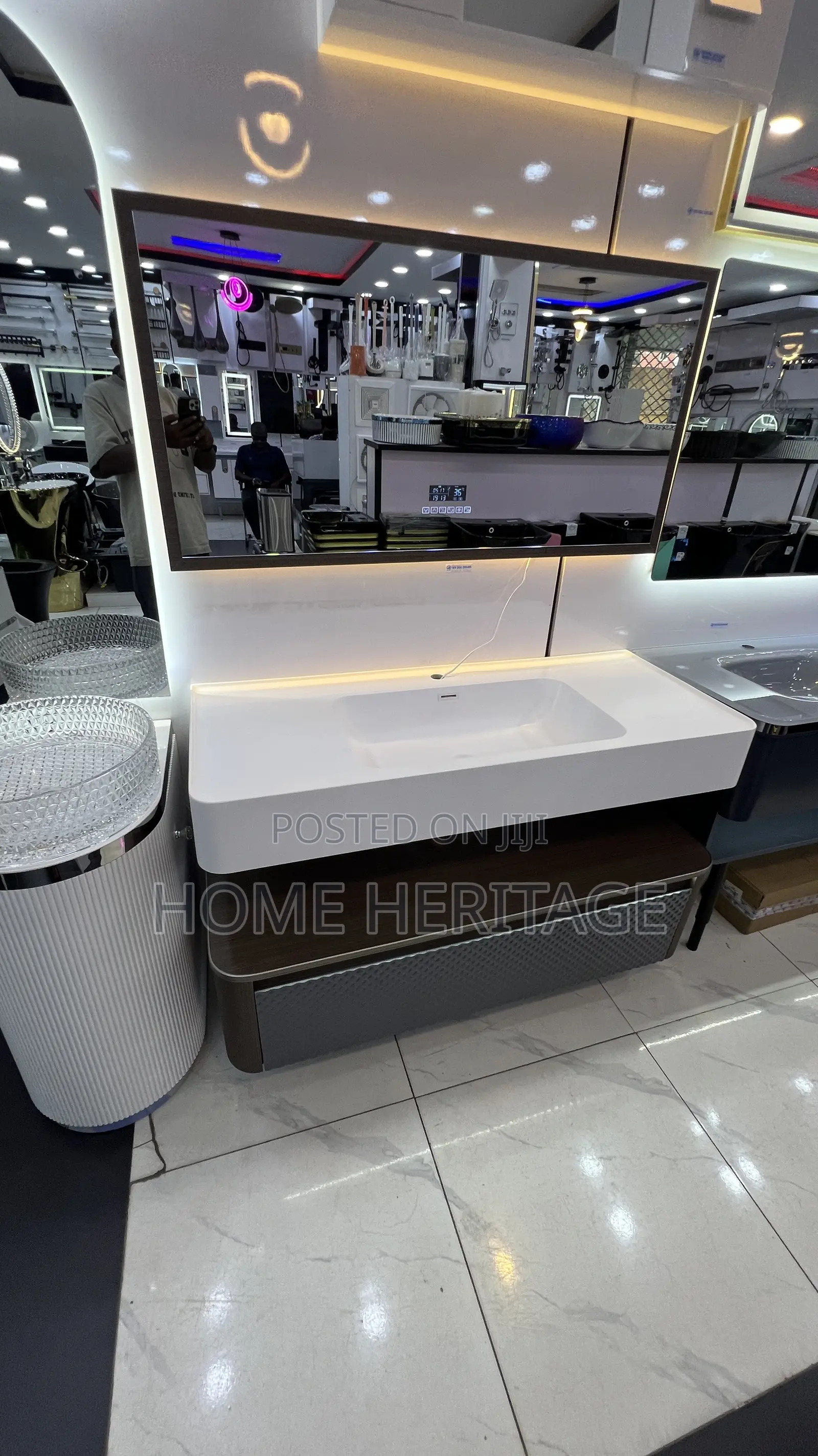 Luxury Brown Formica Double Bathroom Cabinet With Sensor Led Lights