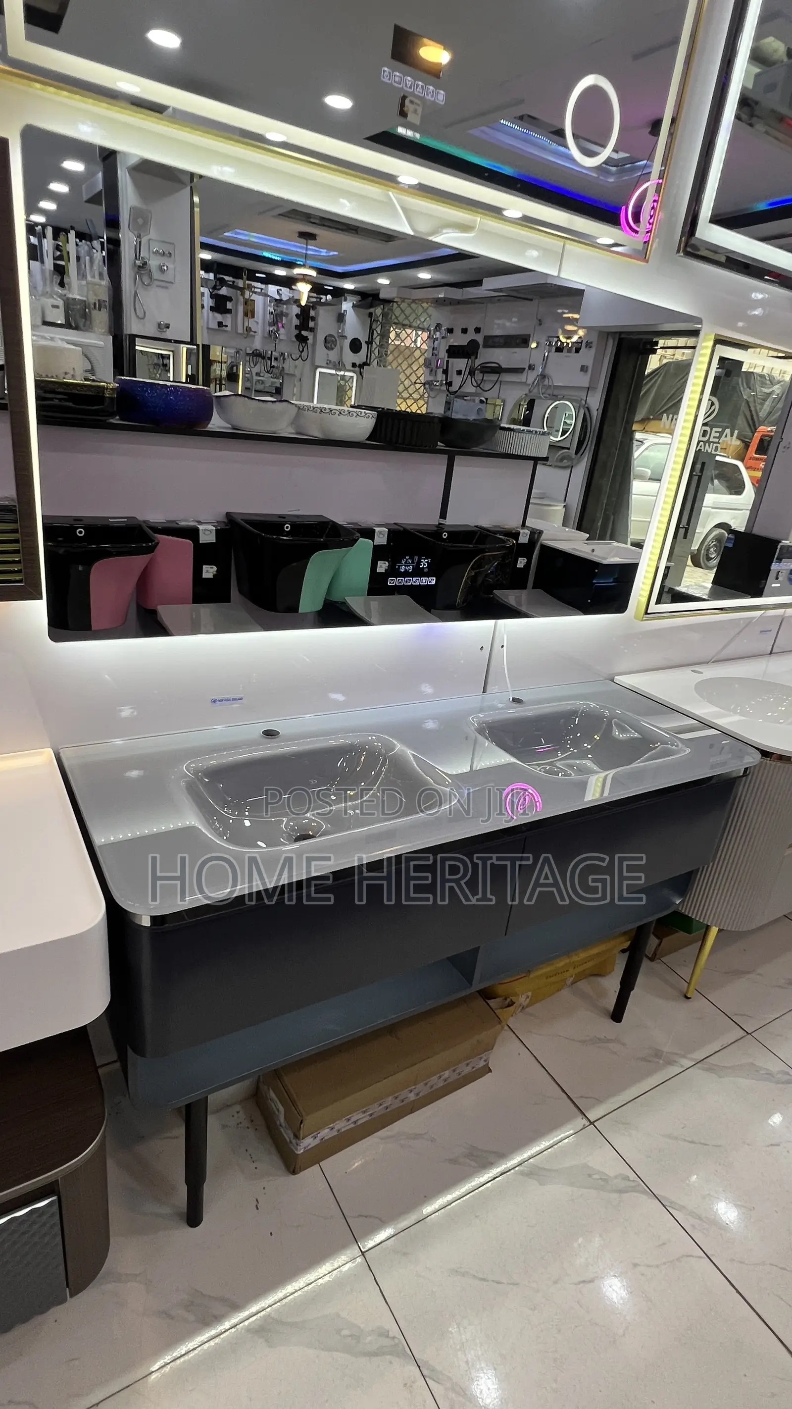 Luxury Brown Formica Double Bathroom Cabinet With Sensor Led Lights