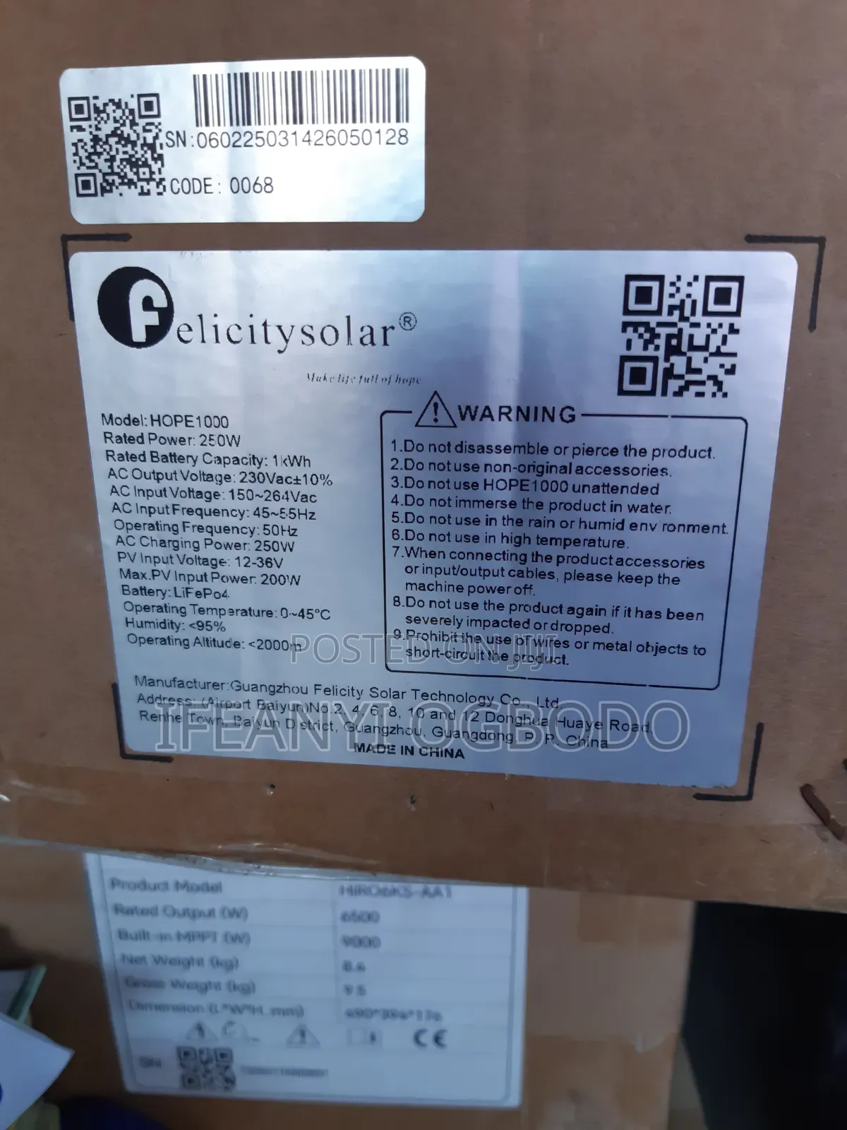 Felicity Solar Lithium Battery 1000kwh 250w