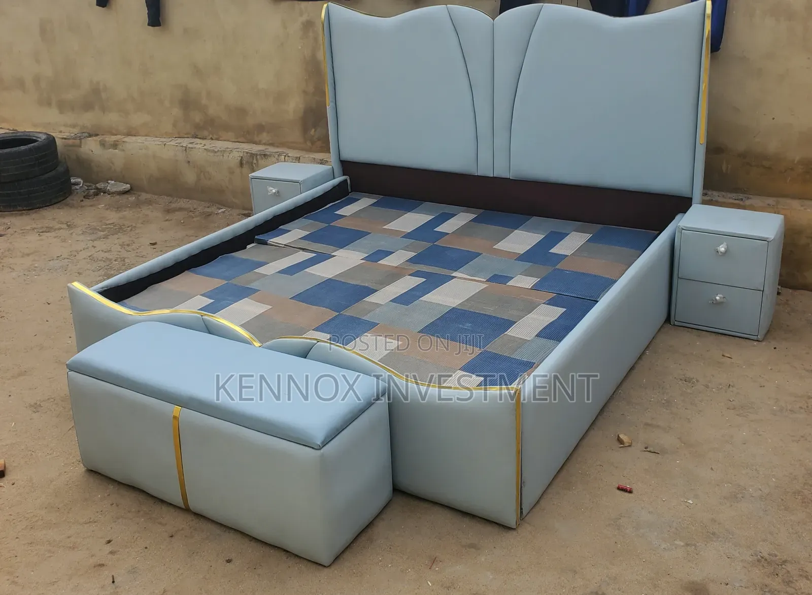 6 by 6 Leather Bedframe With 2 Bedsides Drawers With Ottoman