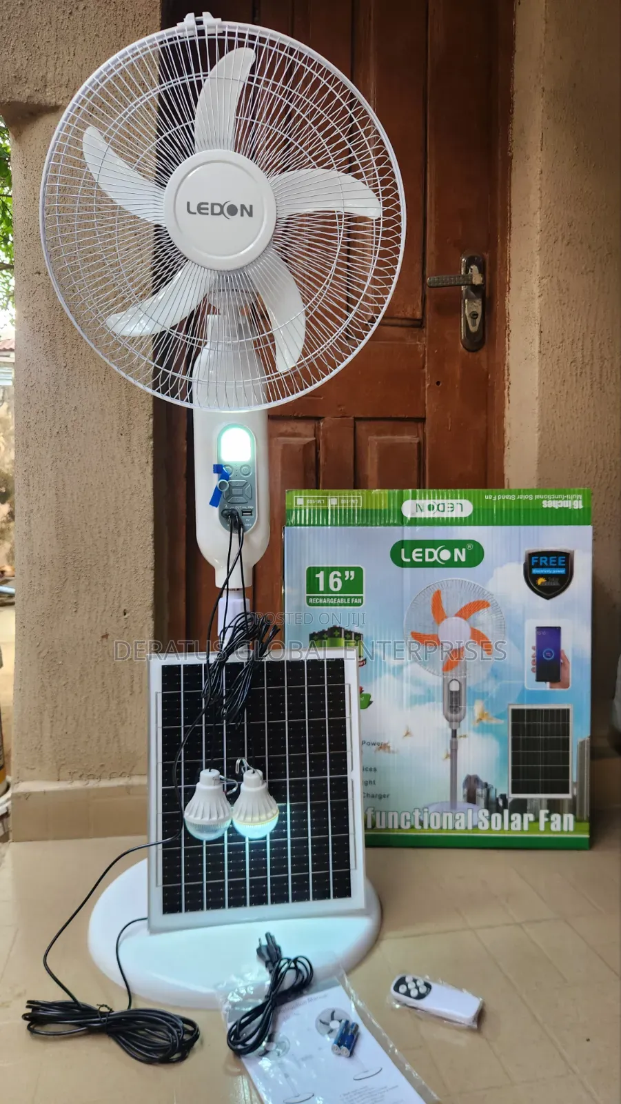 Solar Rechargeable 16" Fan With Bulbs and Panel