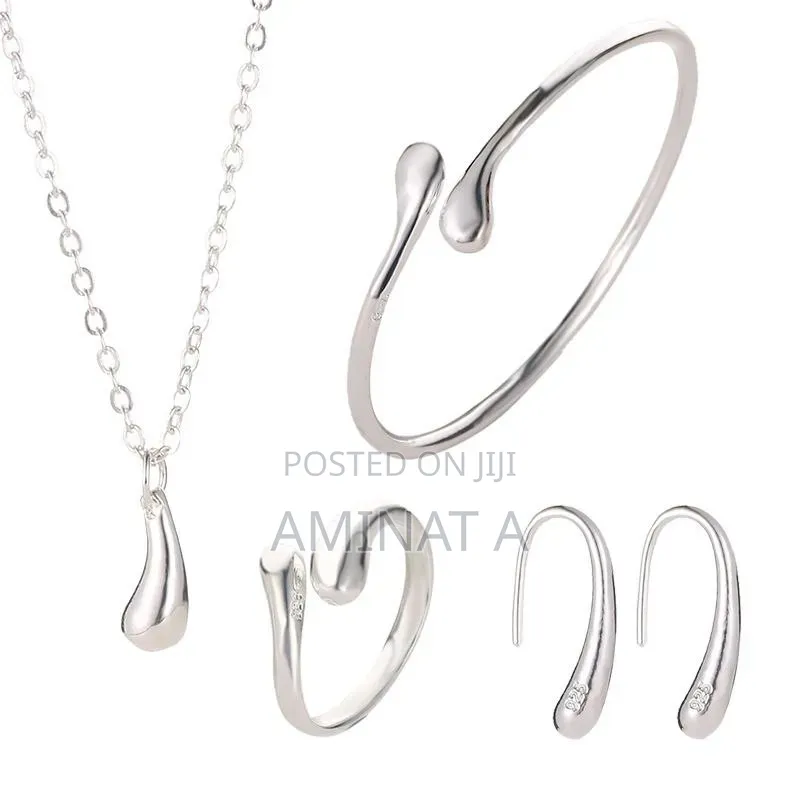 Silver Curve Necklace Earrings Ring Bangle Set
