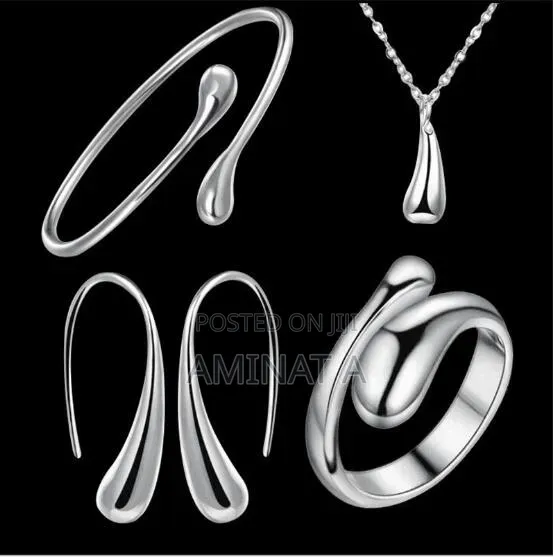 Silver Curve Necklace Earrings Ring Bangle Set