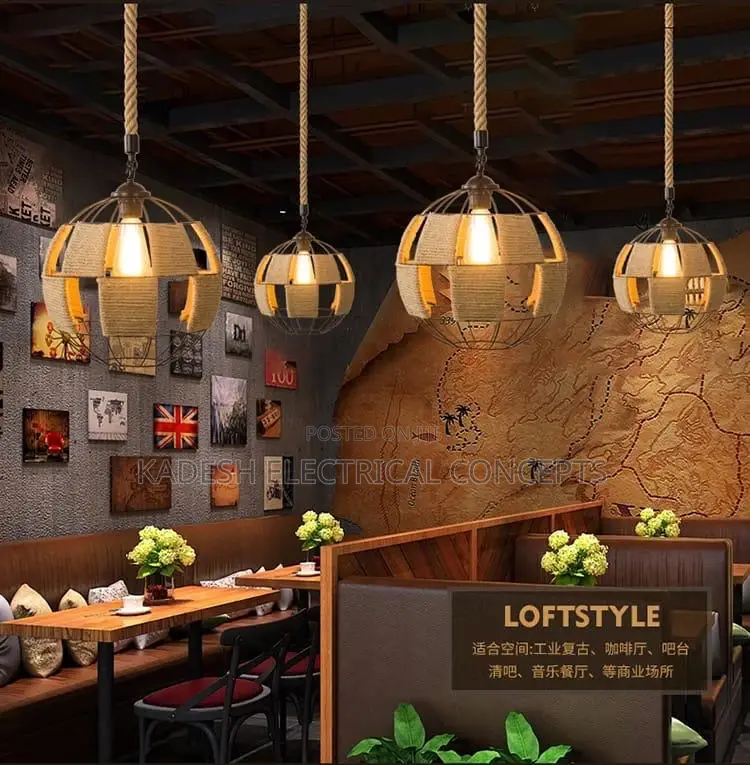 Hemp Rope Retro Ceiling Light Industrial Style Iron Restaurant Bar