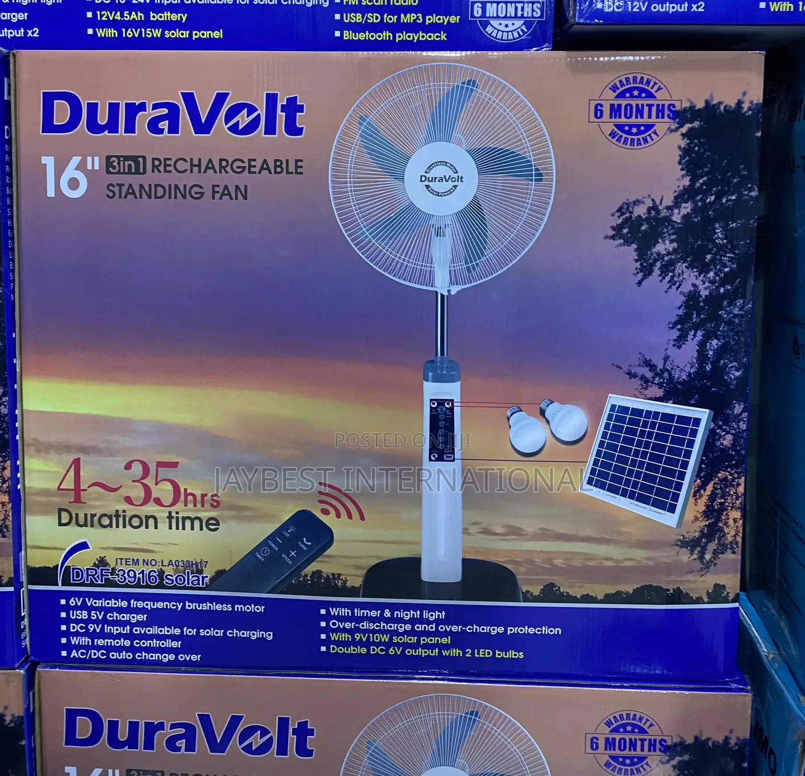 Duravolt 16" 3in1 Rechargeable Fan +Solar Panel+Led Bulbs DRF-3916